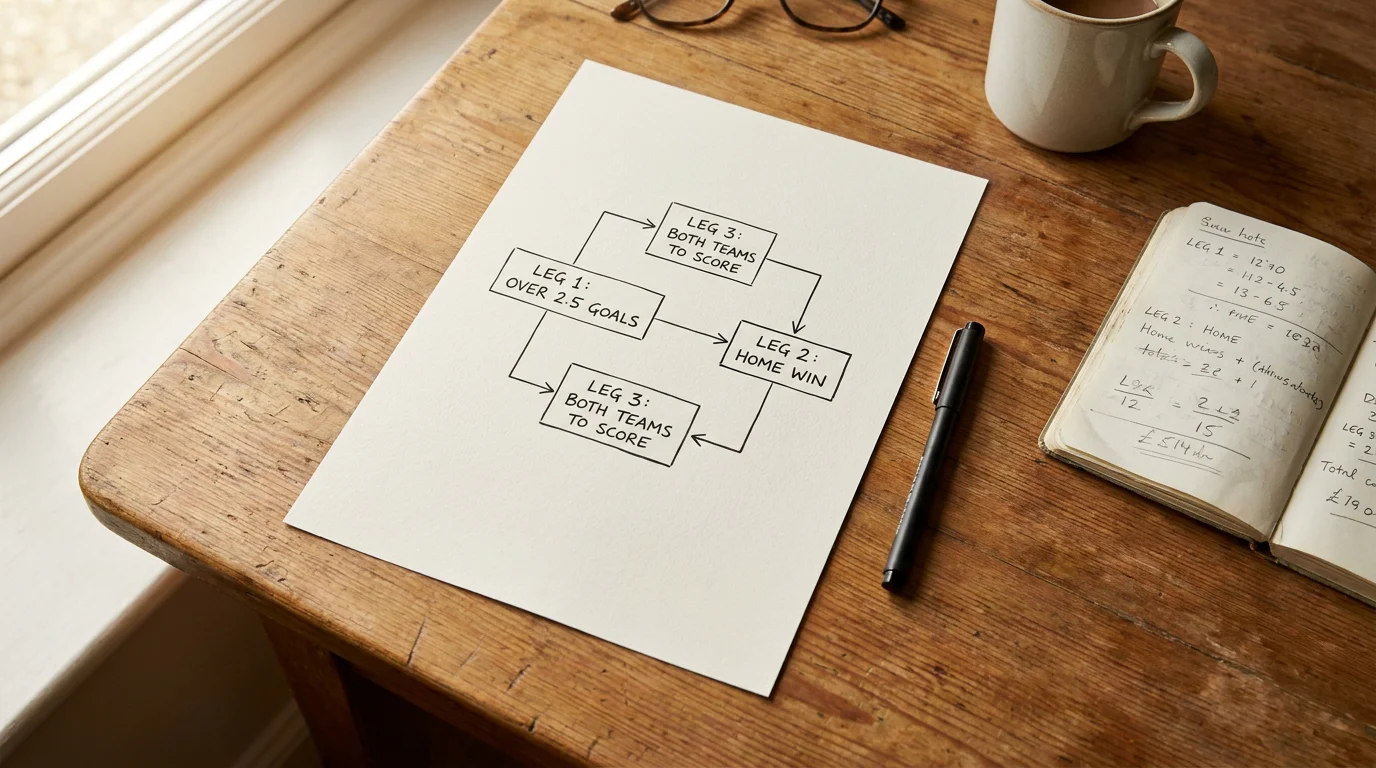 Analyst maps connections between accumulator bet legs on plain paper with arrows