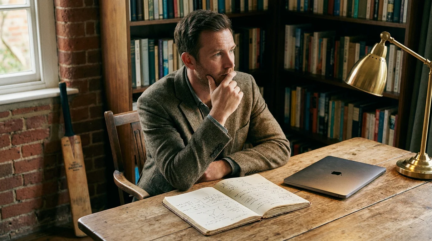 Analyst pauses thoughtfully over an open notebook at a desk in evening light