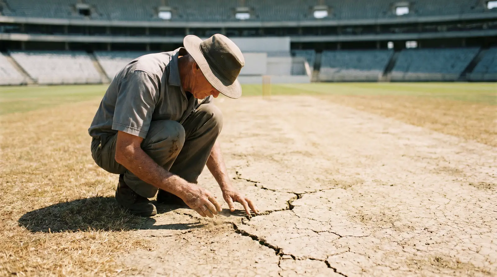 Pitch curator inspects a hard, dry Australian Test pitch under bright sunlight