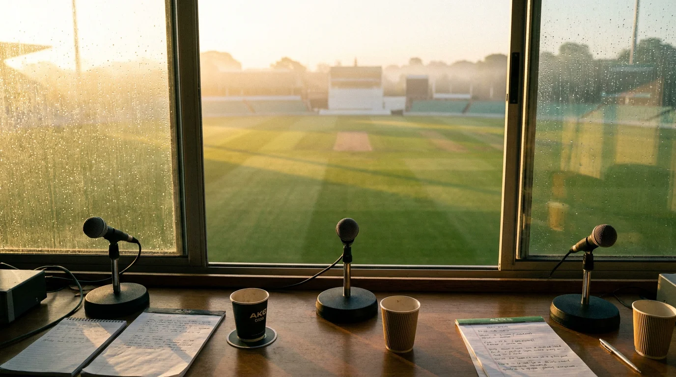 Cricket commentary box overlooks an empty Test cricket pitch in the morning hours