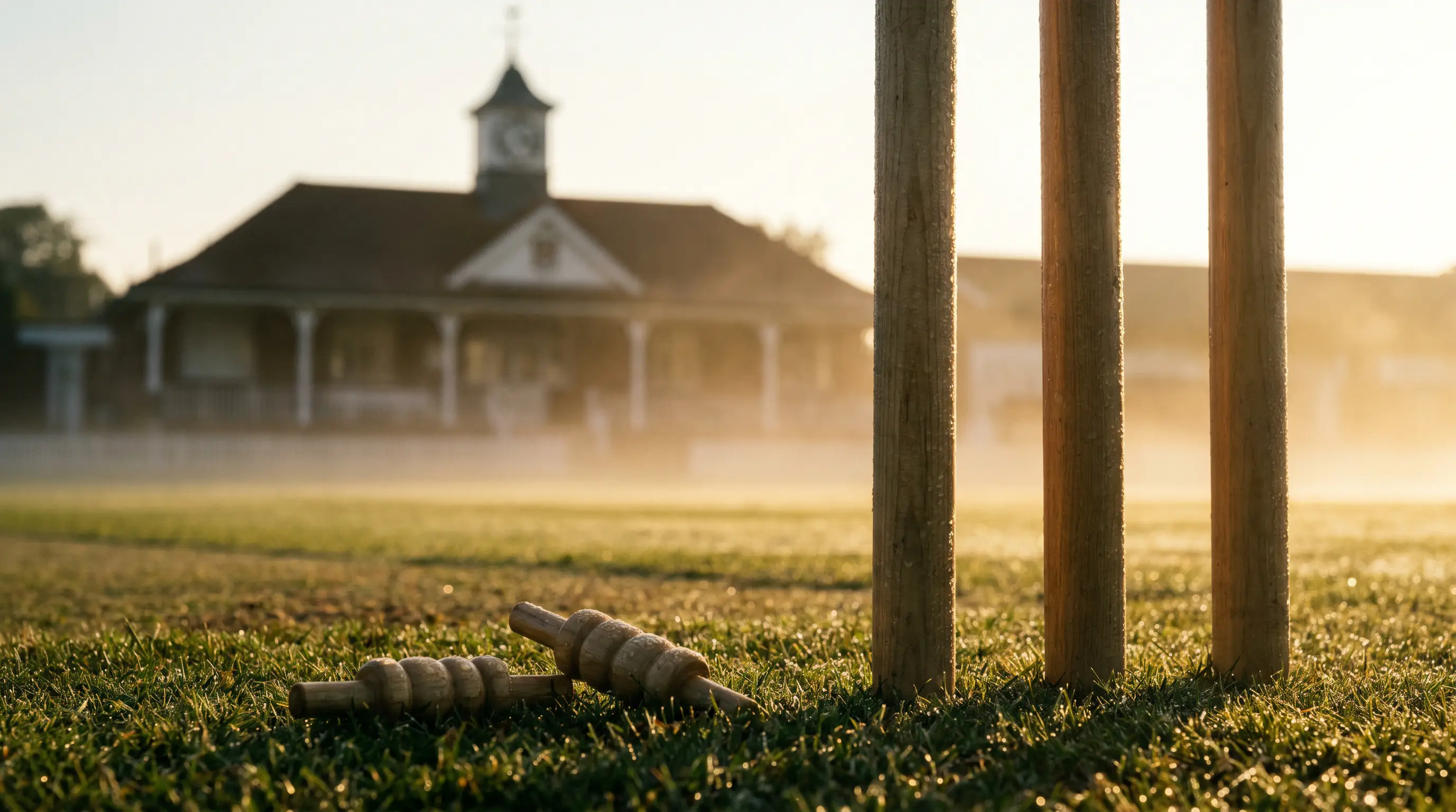 Test cricket stumps stand prepared at sunrise on the first morning of an Ashes Test