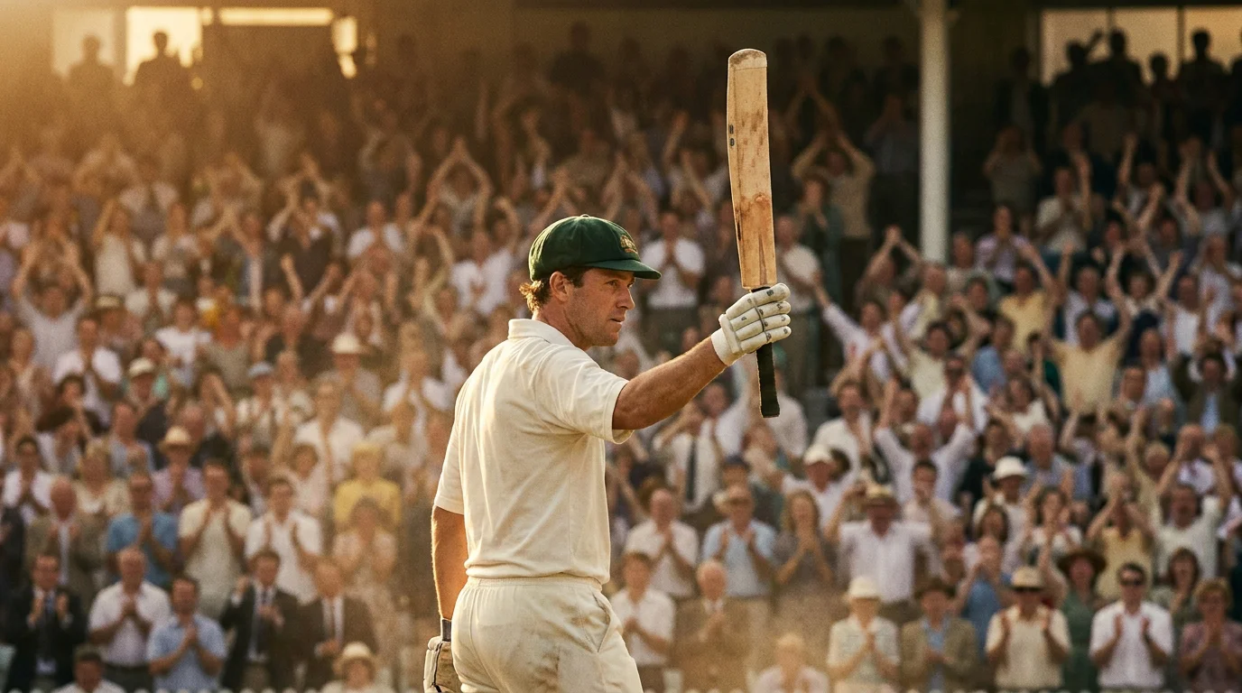 Test batter in whites celebrates a milestone score during an Ashes Test innings