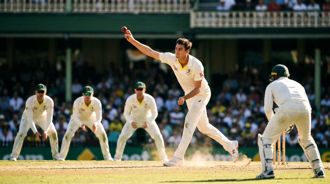 Fast bowler running in to bowl during an Ashes Test under the southern hemisphere summer sun with a slip cordon set