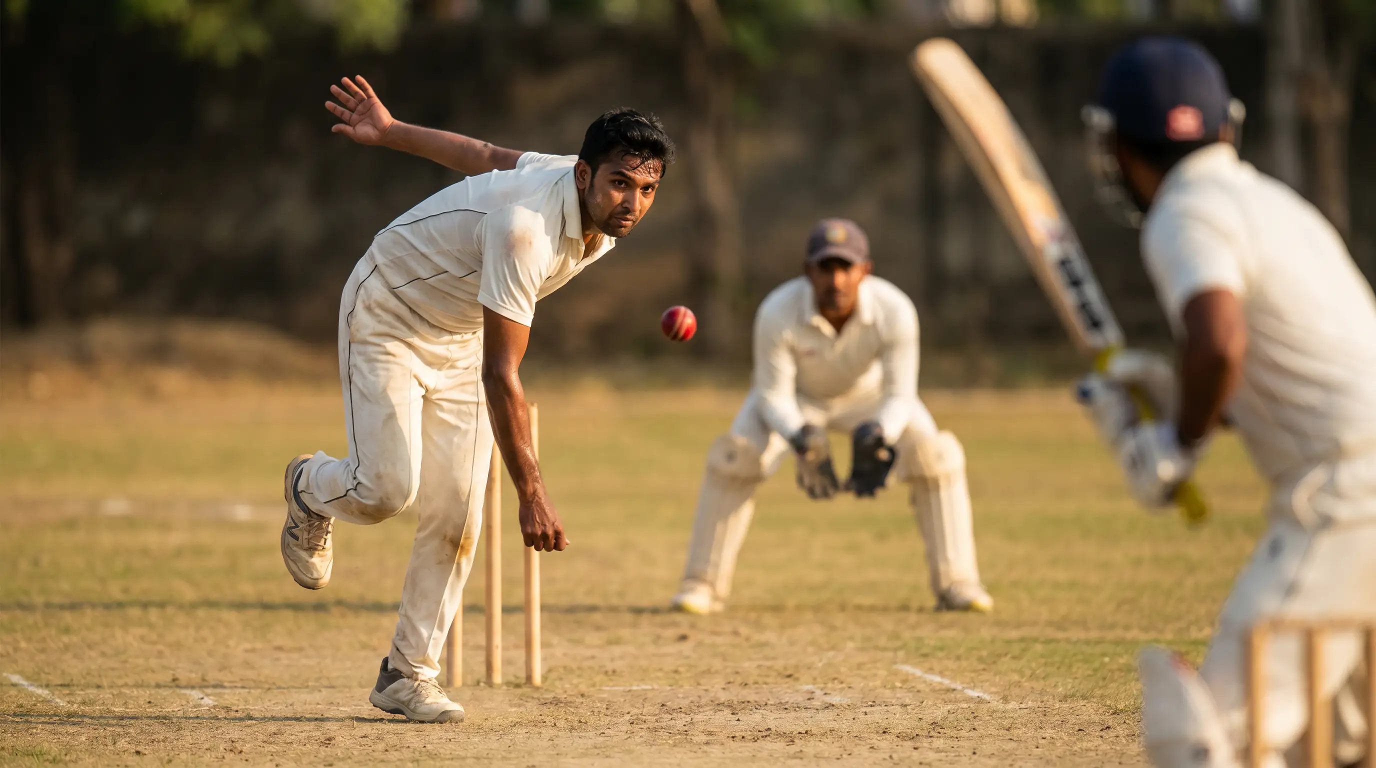 Bowler at delivery stride with the cricket ball in mid-flight toward the batter