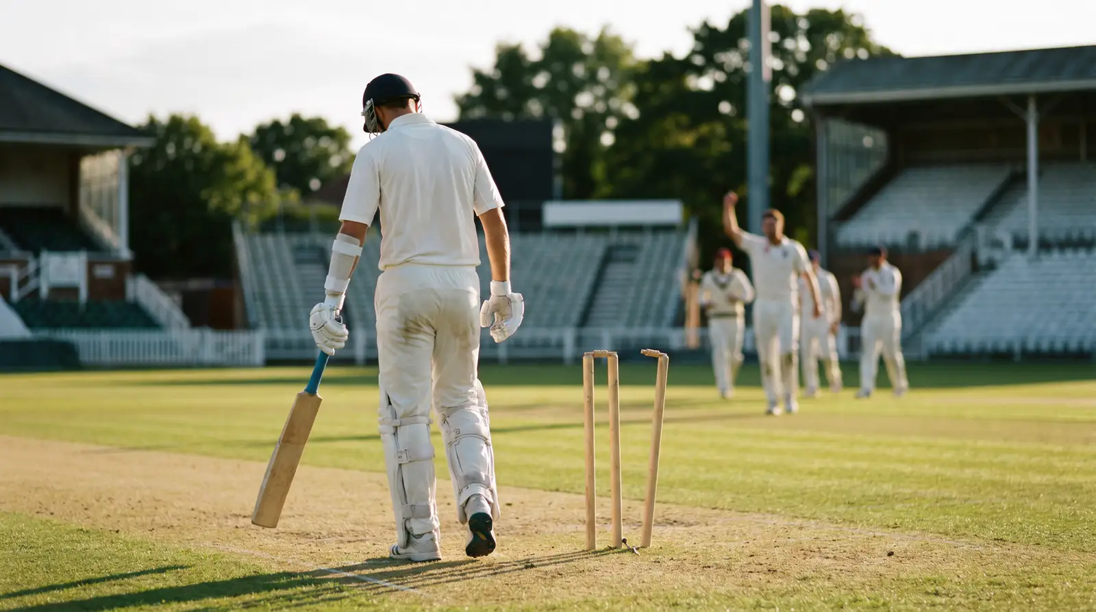 Dismissed cricket batter walks off the field carrying his bat after being out