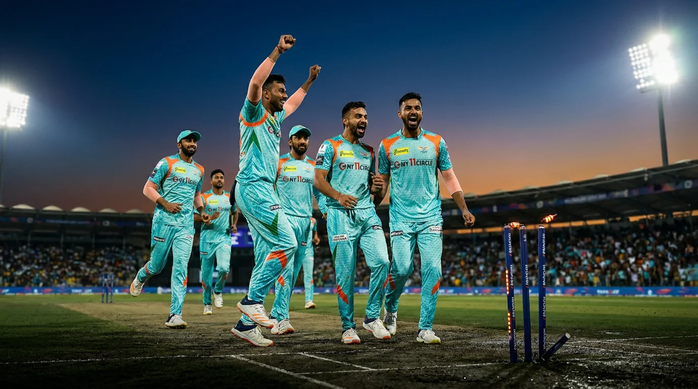 BBL franchise players celebrate at the end of a match with the floodlit pitch behind