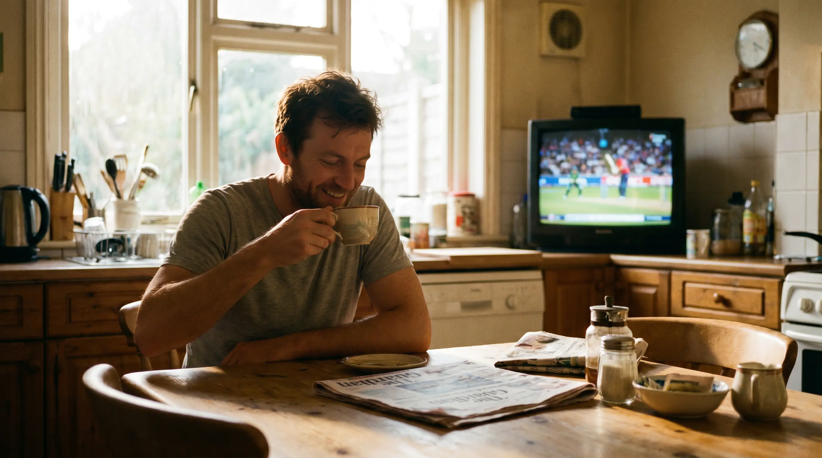 UK fan watches a Big Bash broadcast over breakfast with a teacup in hand