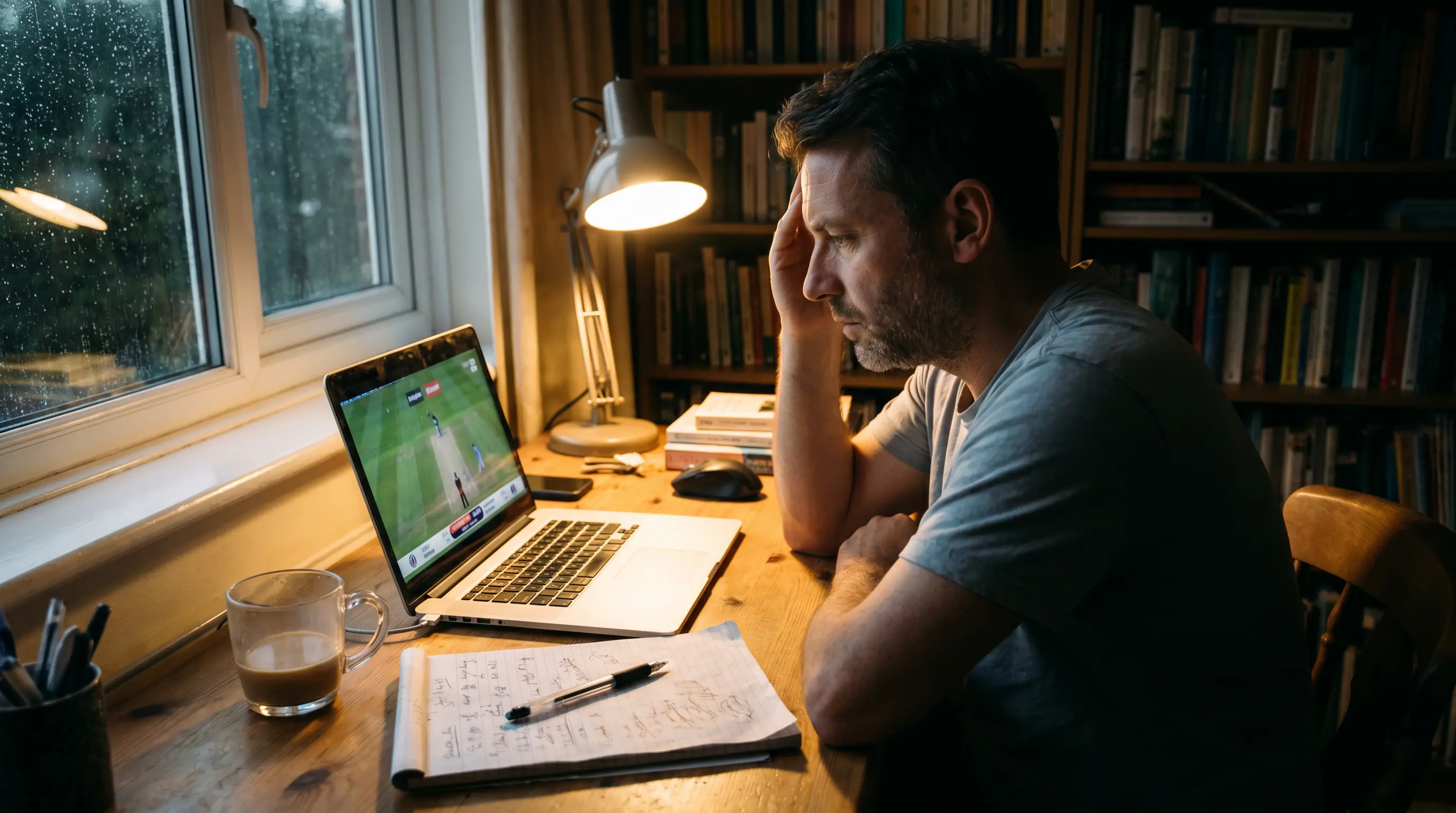 UK punter watches an overnight BBL broadcast on a laptop with a notebook to one side