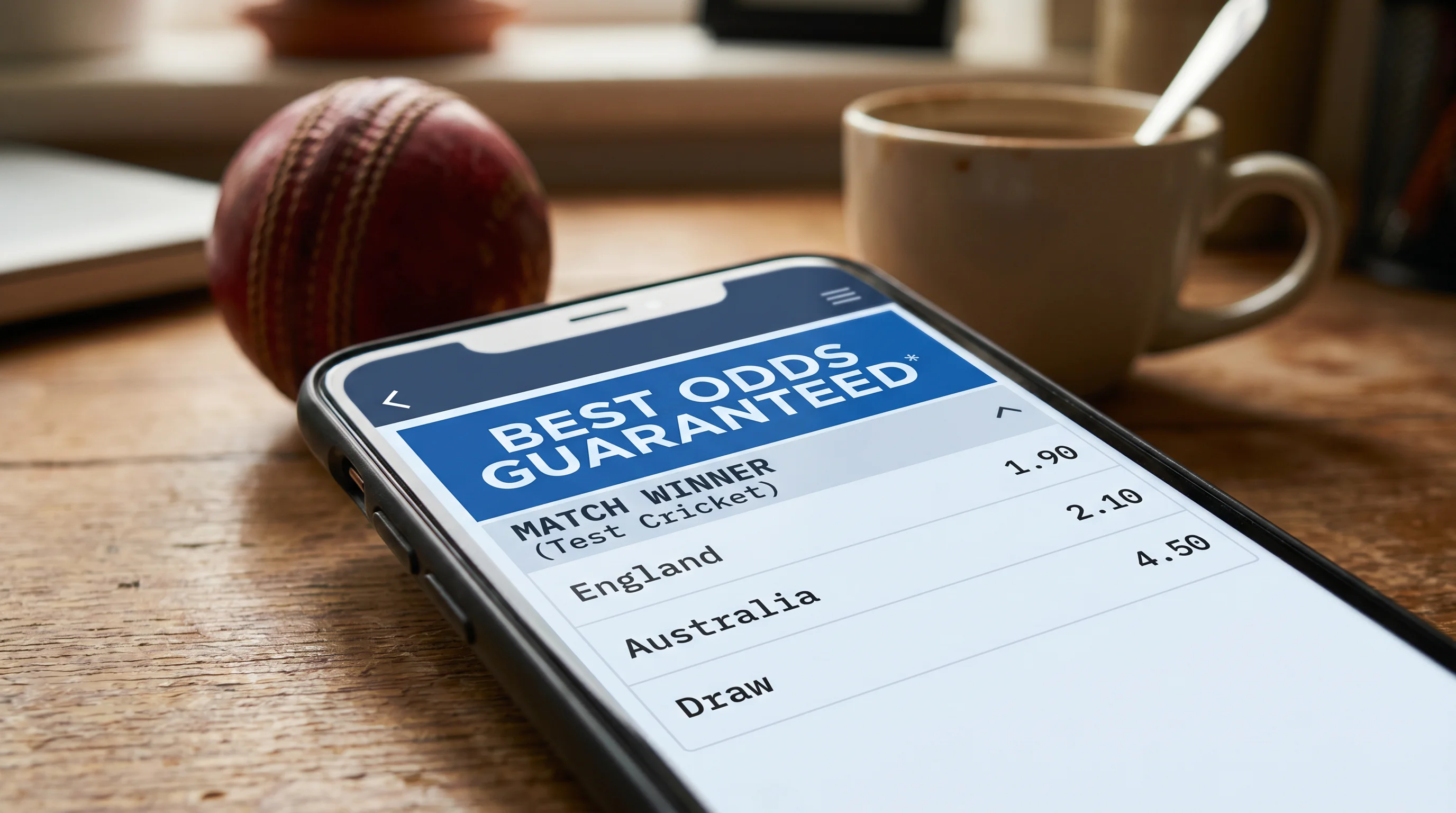 Mobile sportsbook screen showing a best odds guaranteed badge above a cricket match-winner market