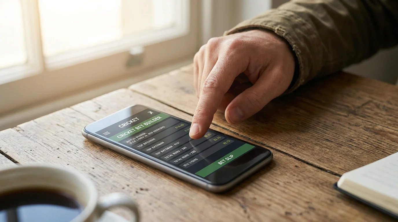 Punter taps to add selections in a cricket bet builder on a sportsbook mobile app