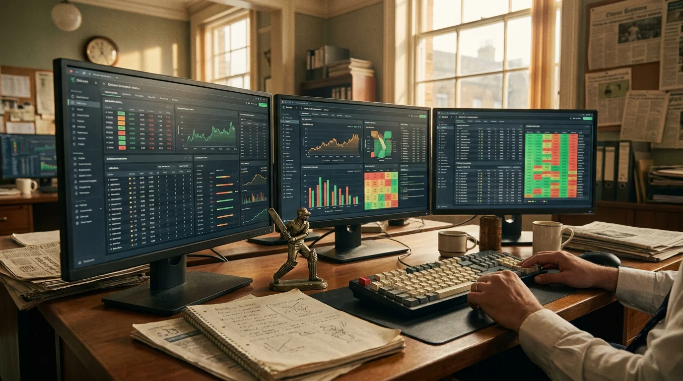 Cricket trading desk in a quiet office with monitors displaying generic dashboards