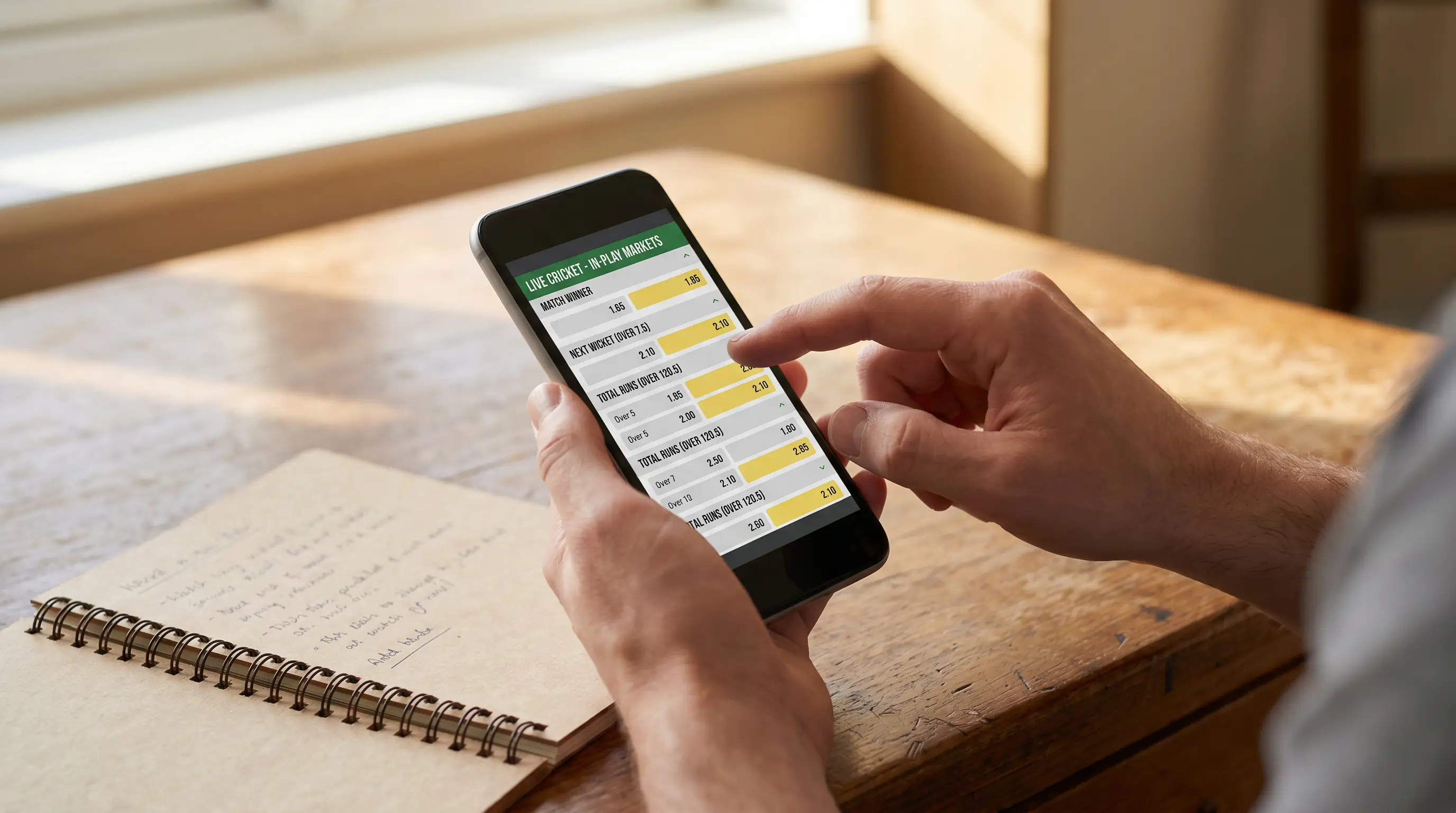 Hand hovers over a phone screen showing an in-play cricket markets list