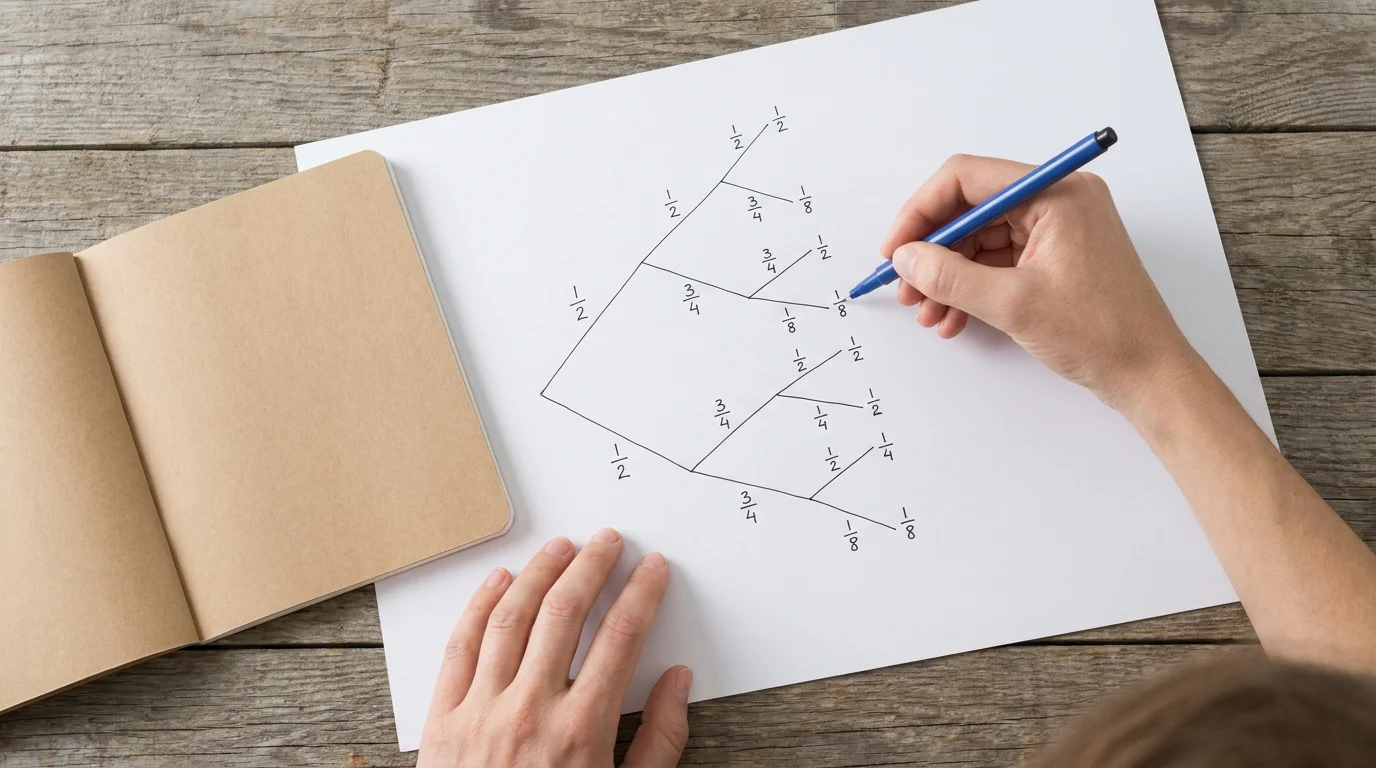 Analyst sketches a hand-drawn combination-bet probability tree on plain paper