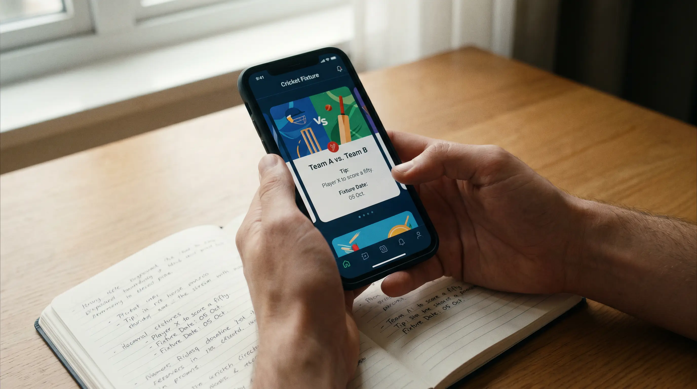 Mobile app on a smartphone shows a generic cricket tip card on a wooden desk
