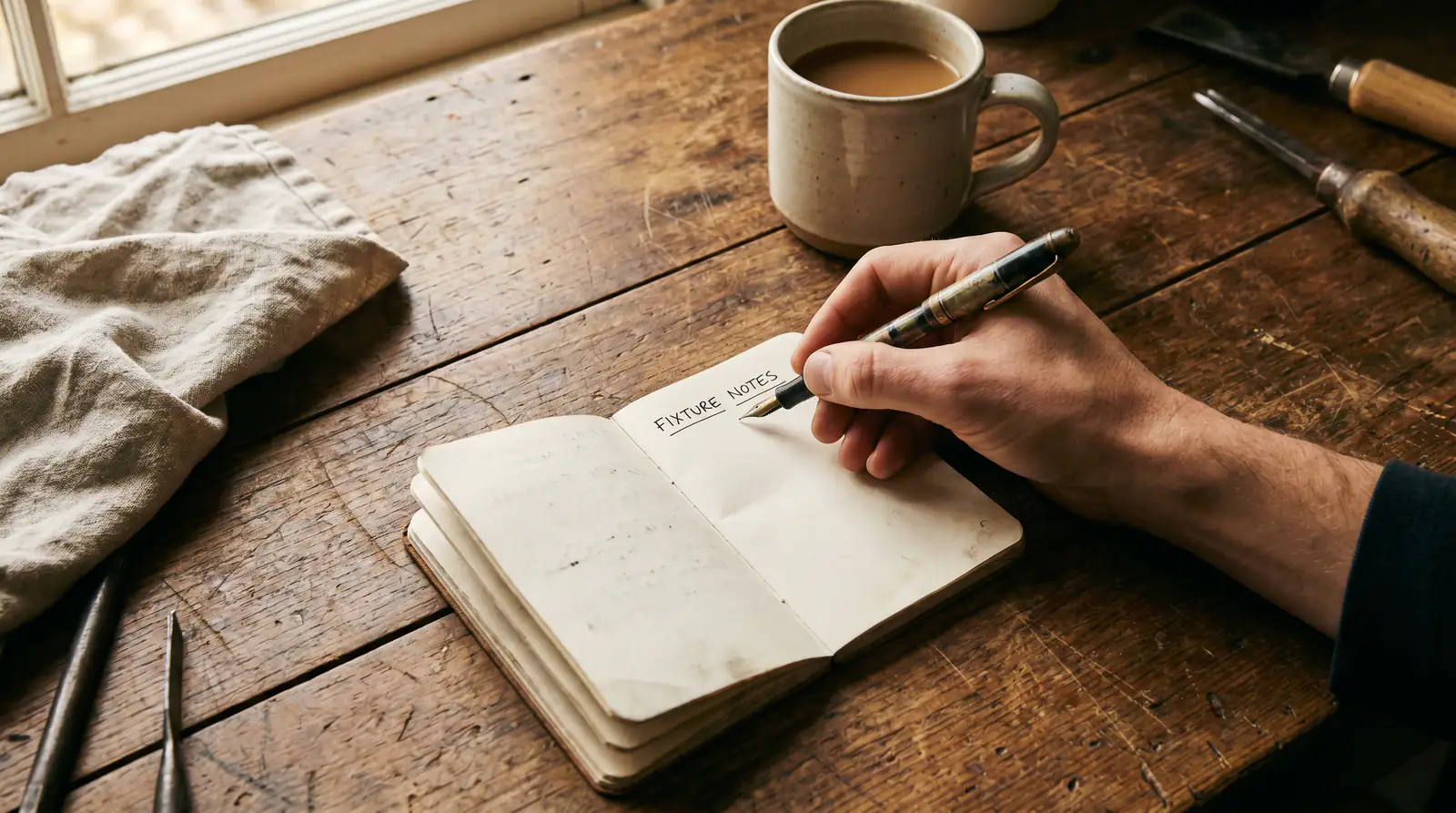 Punter notes upcoming county fixtures in a paper notebook on a wooden desk