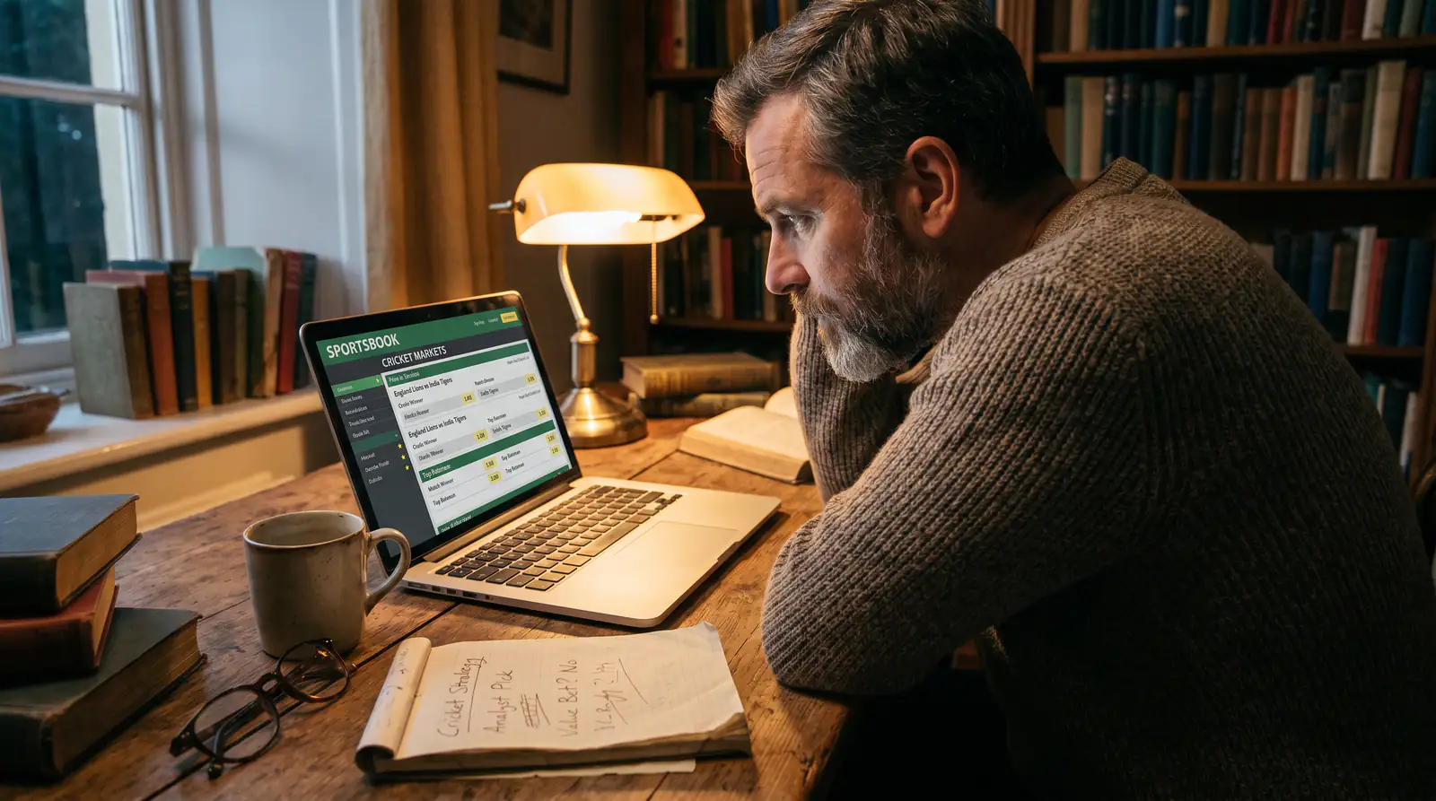 Cricket punter reviews county fixture markets on a laptop on a quiet evening