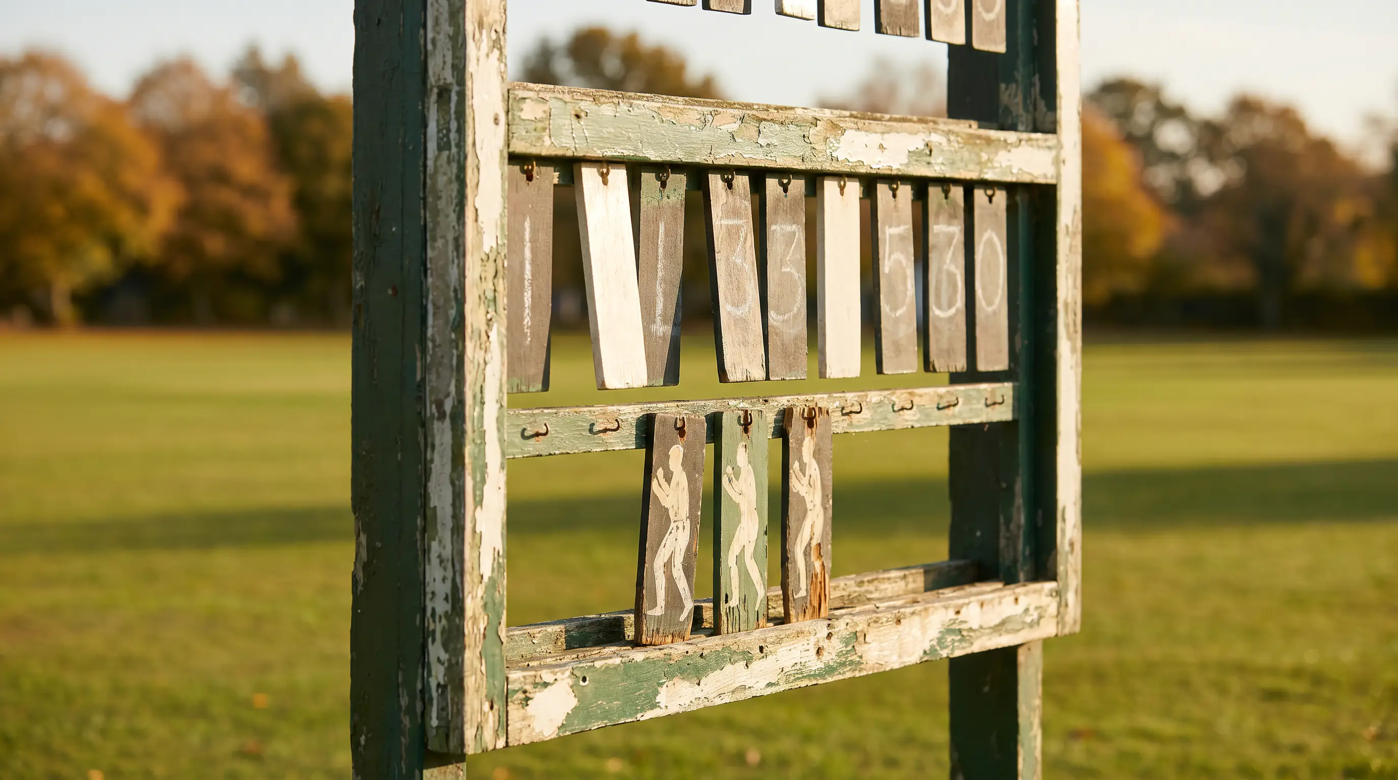 Traditional manual cricket scoreboard at a county ground between overs