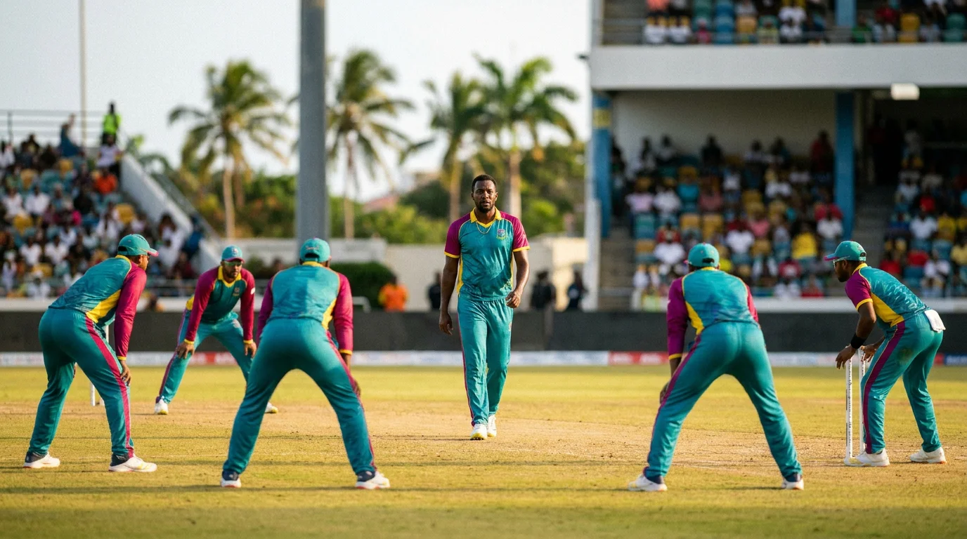 CPL fielders position themselves in close on a sunlit Caribbean cricket ground