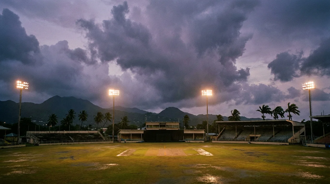 Tropical rain clouds gather over a Caribbean cricket ground before play
