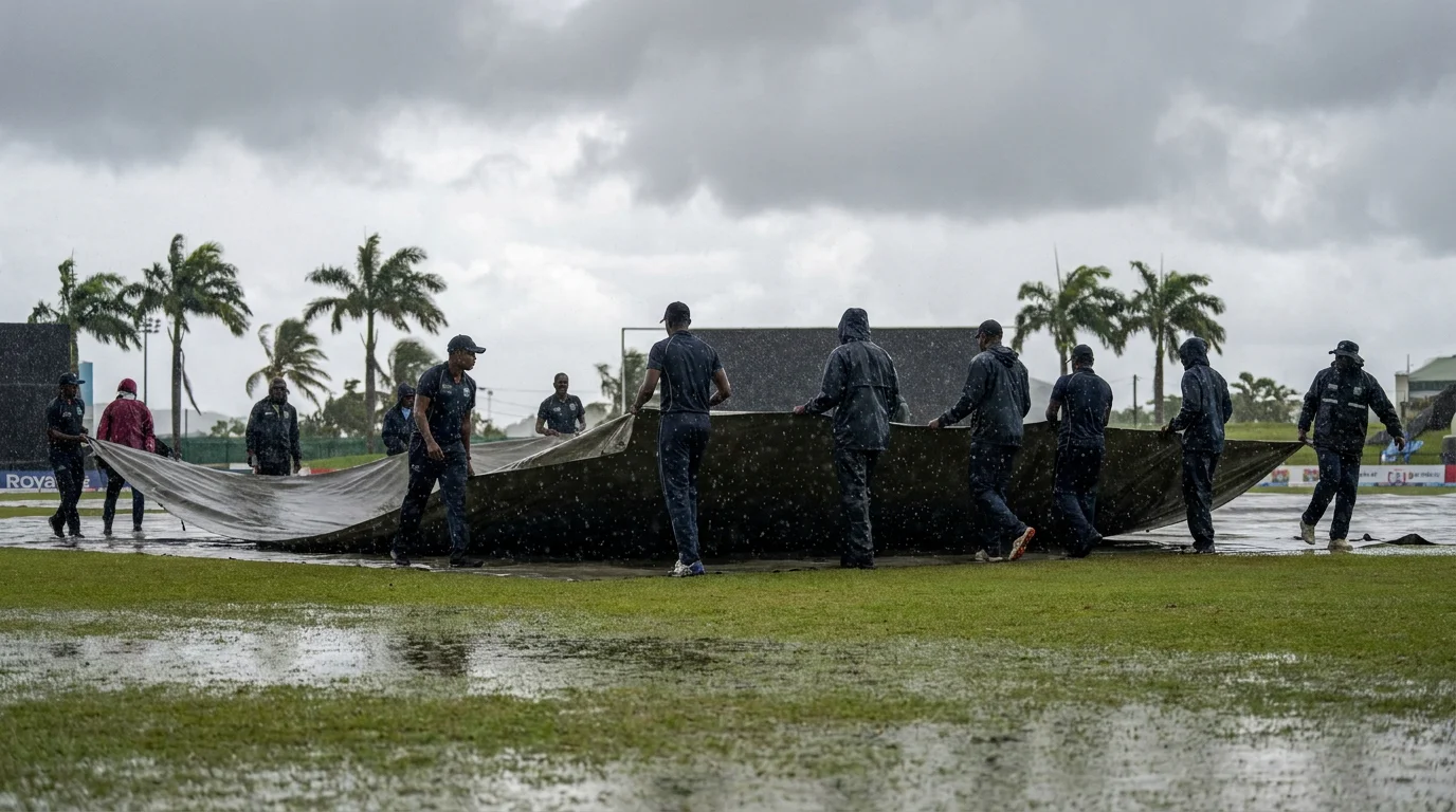 Ground staff drag covers across a Caribbean cricket pitch during a rain shower