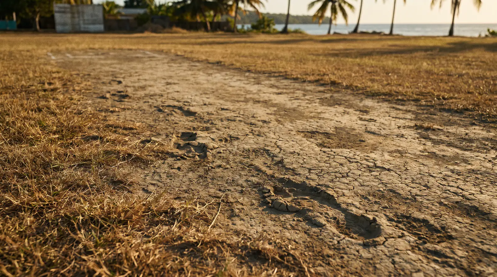 Worn Caribbean cricket pitch showing footmarks and dusty patches in afternoon sun