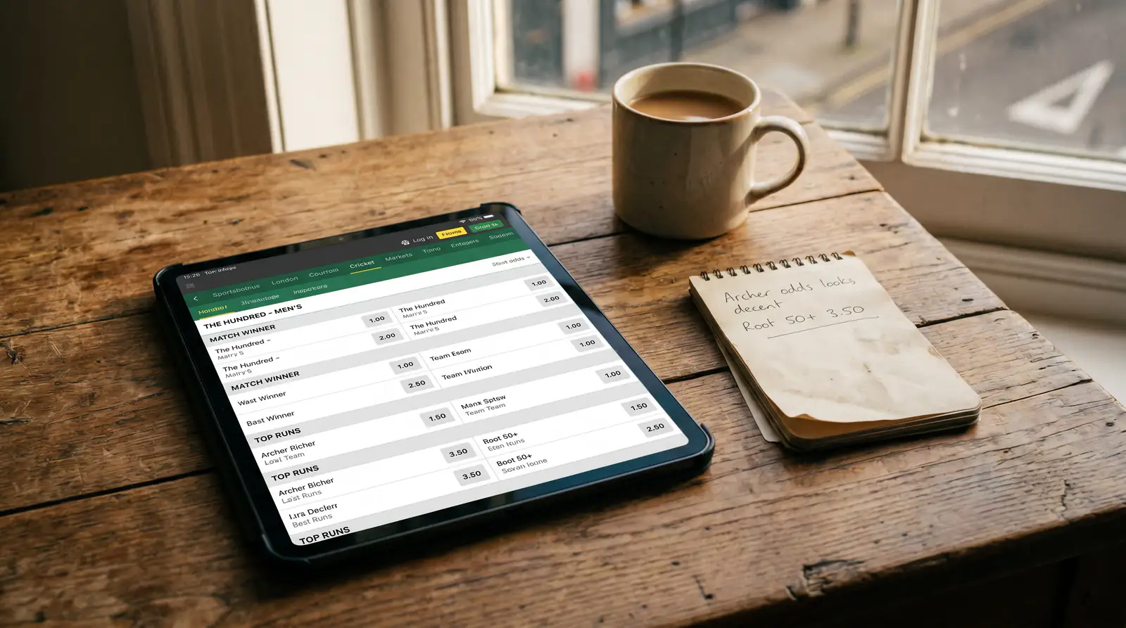UK punter checks CPL markets on a tablet next to a paper notebook on a desk