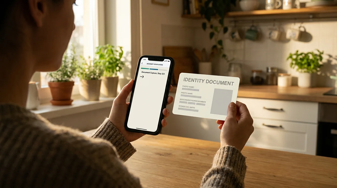 Person photographing a passport with a smartphone to complete sportsbook account identity verification at home