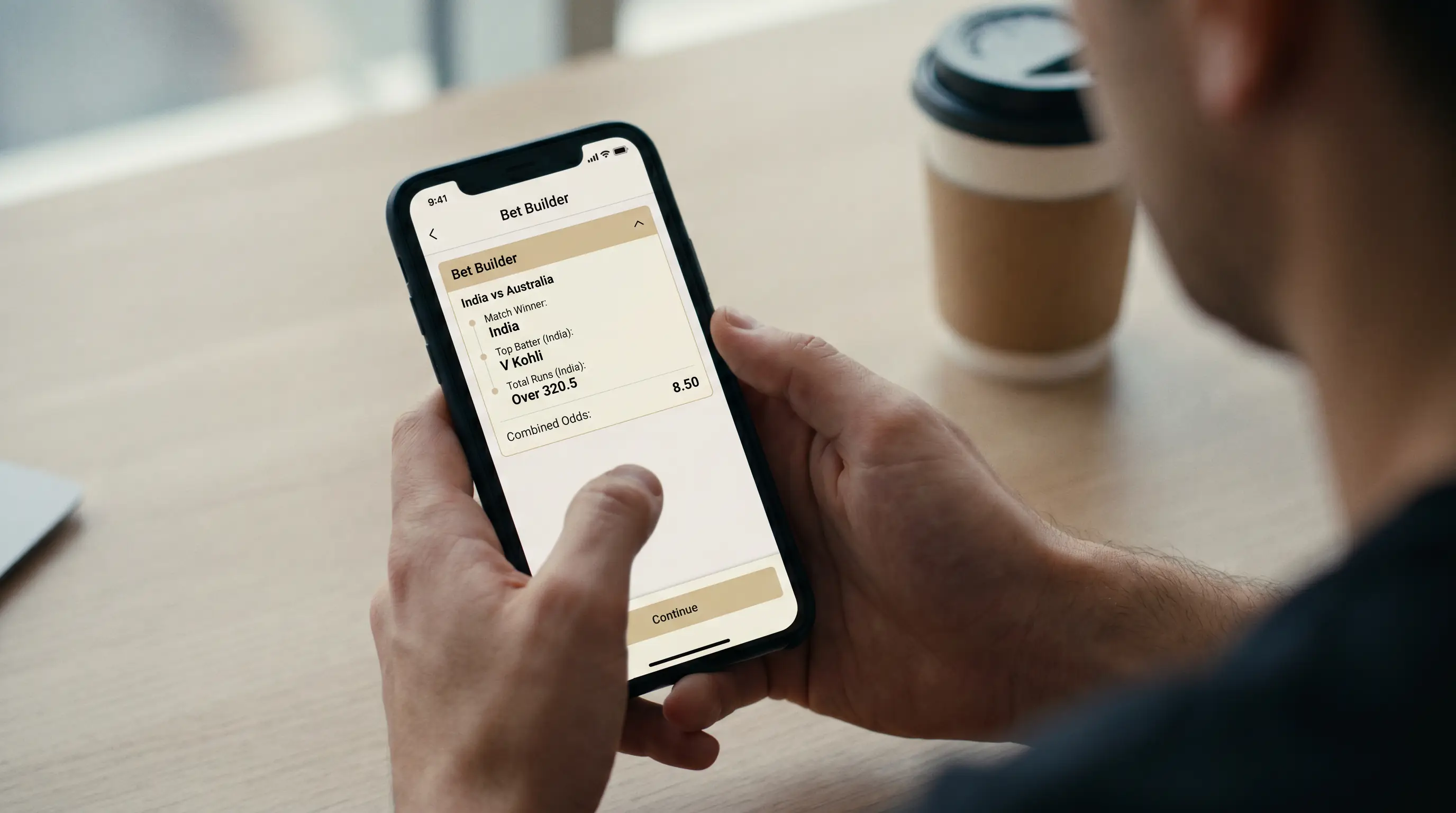 Mobile phone screen showing a cricket bet builder slip with several same-match selections combined into one ticket