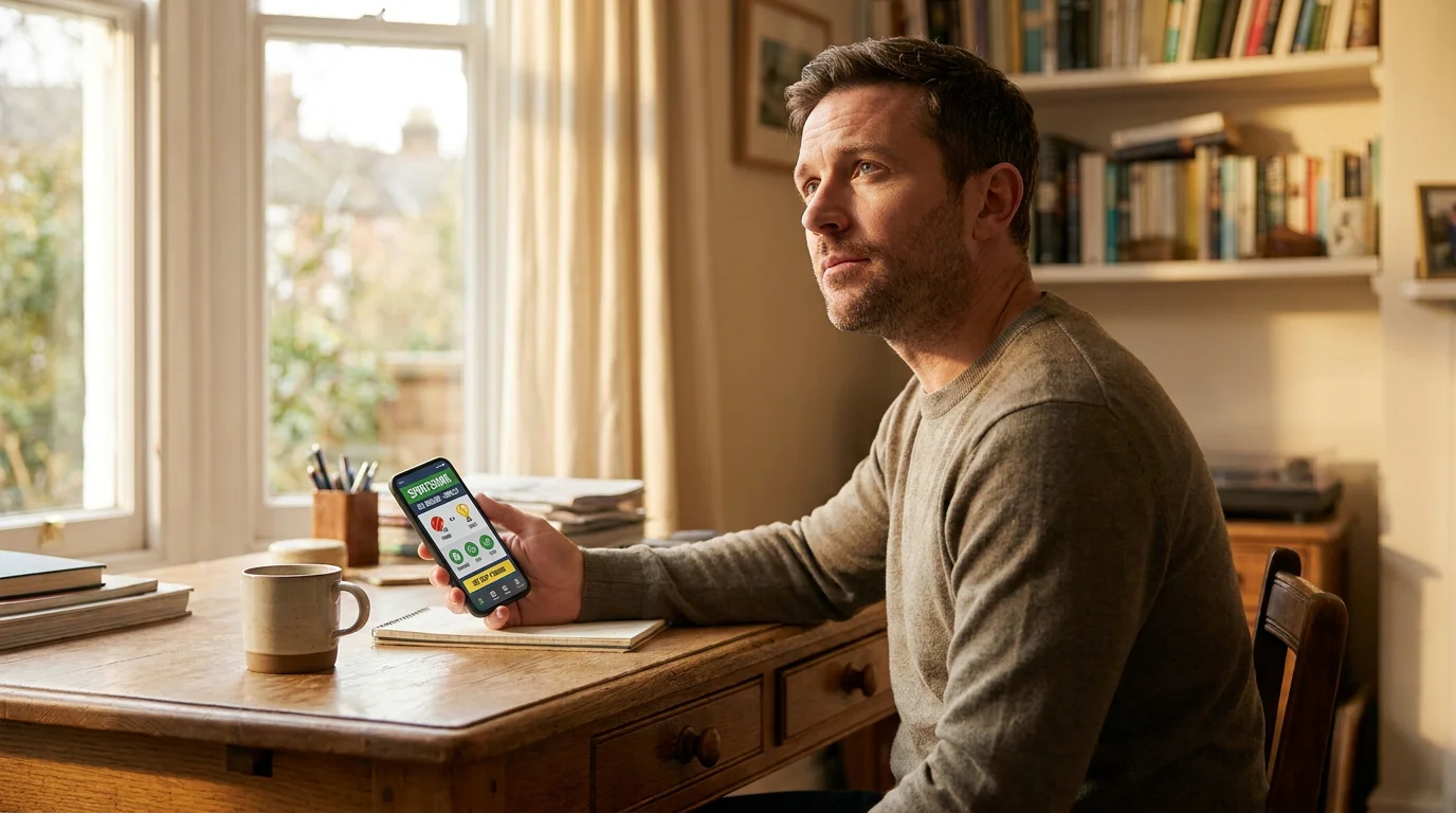 Punter pauses thoughtfully over a cricket bet builder slip on a smartphone