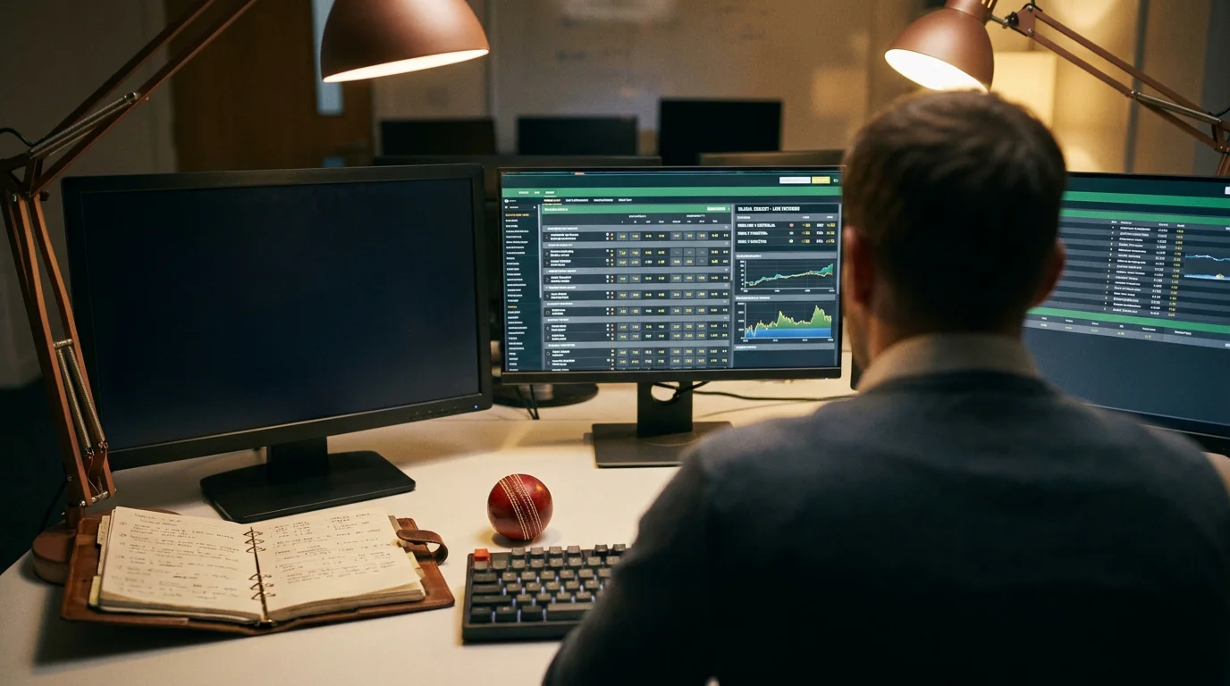 Cricket betting analyst studying live market data on three monitors at a quiet newsroom desk