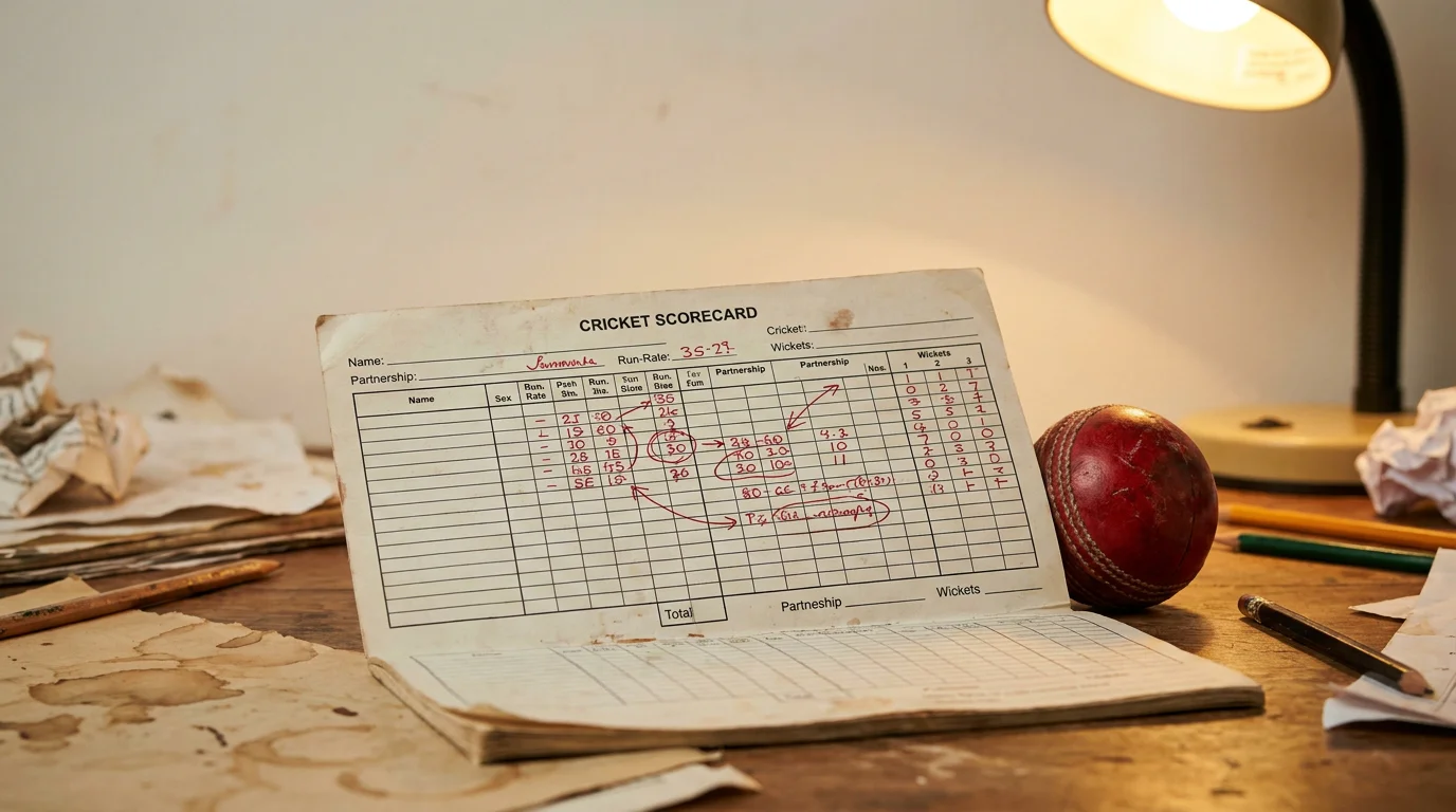 Open cricket scorecard with handwritten betting market notes annotated in red ink across the columns