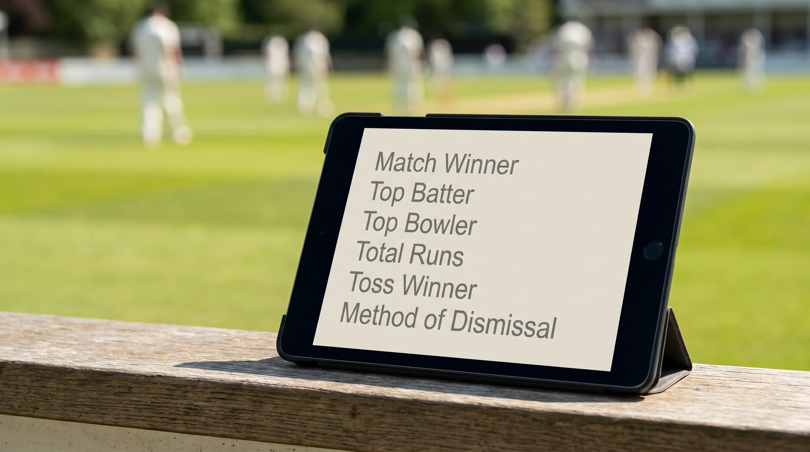 Cricket sportsbook markets list shown on a tablet at an English ground