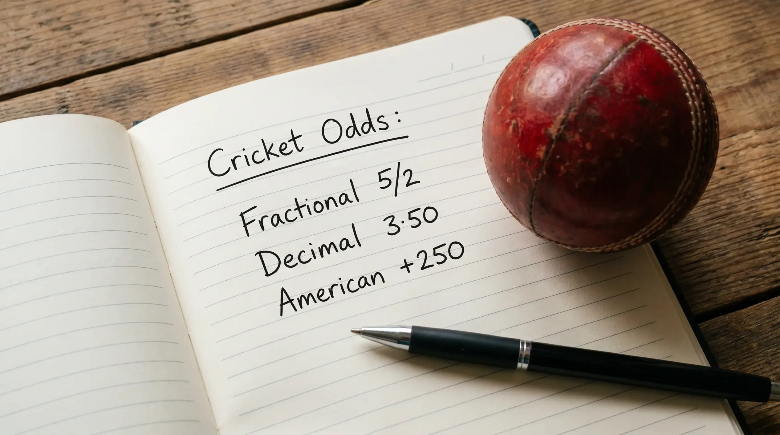 Notebook page with cricket odds written in fractional, decimal and American formats beside a leather cricket ball