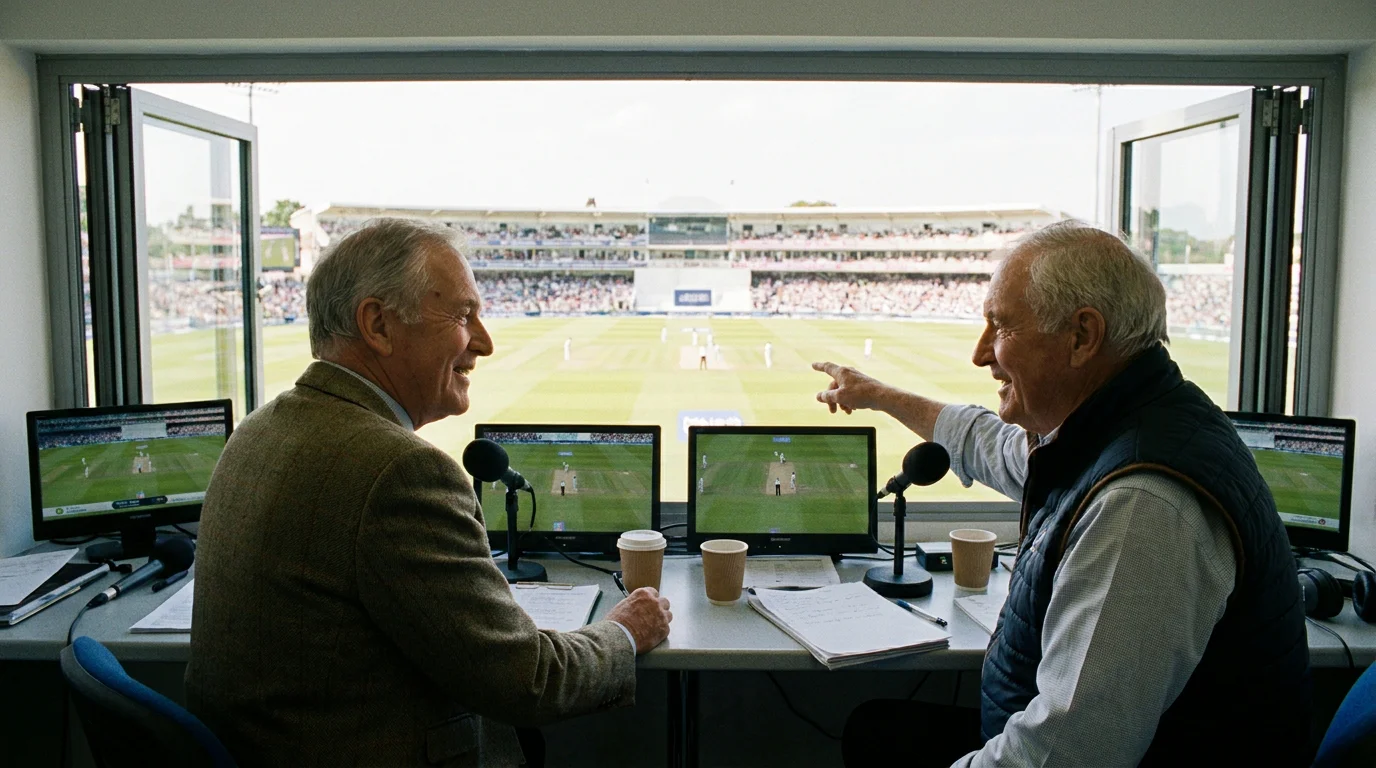 Cricket commentators in a broadcast booth follow live action on monitors