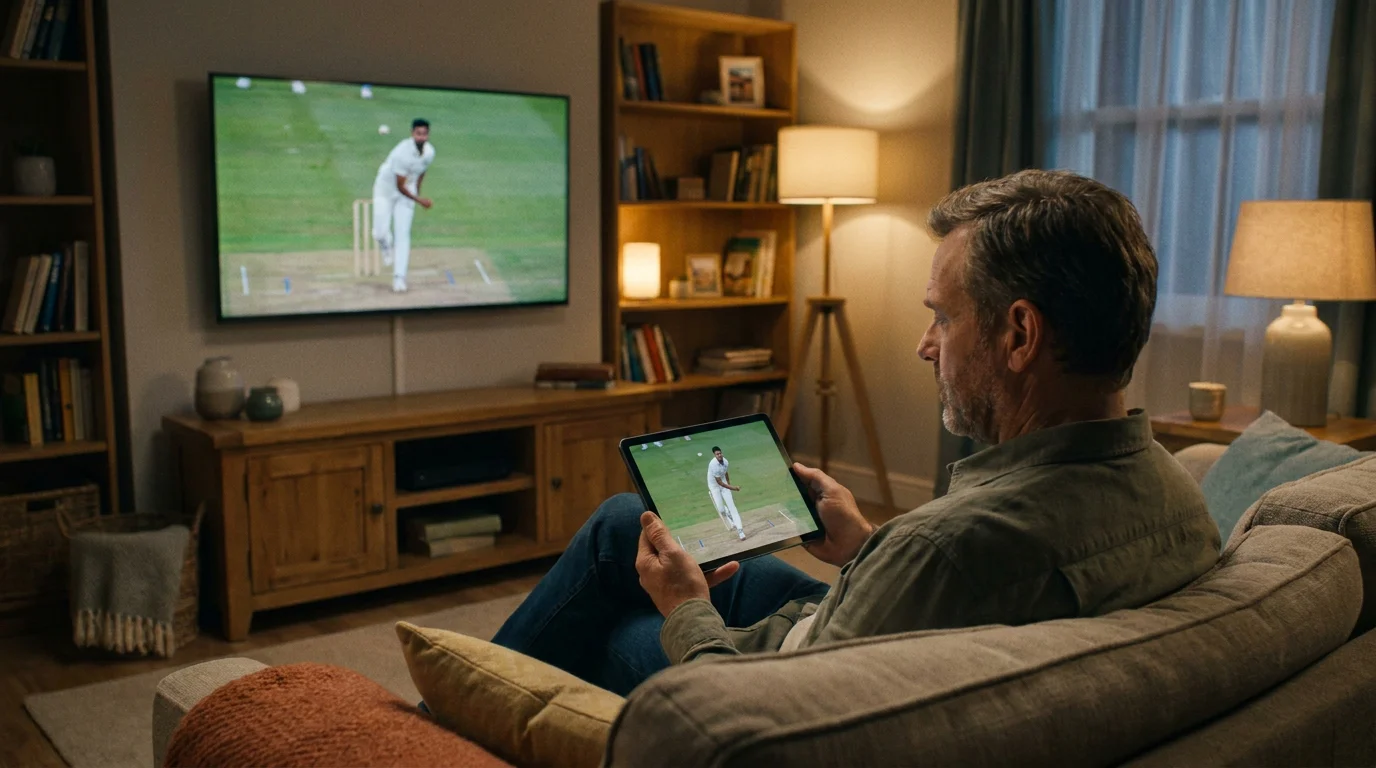 Punter holding a tablet streaming a cricket match while the same delivery plays on a television in the background