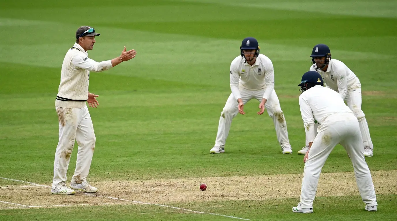 Test cricket captain rearranging his slip cordon between deliveries on the third afternoon of a match