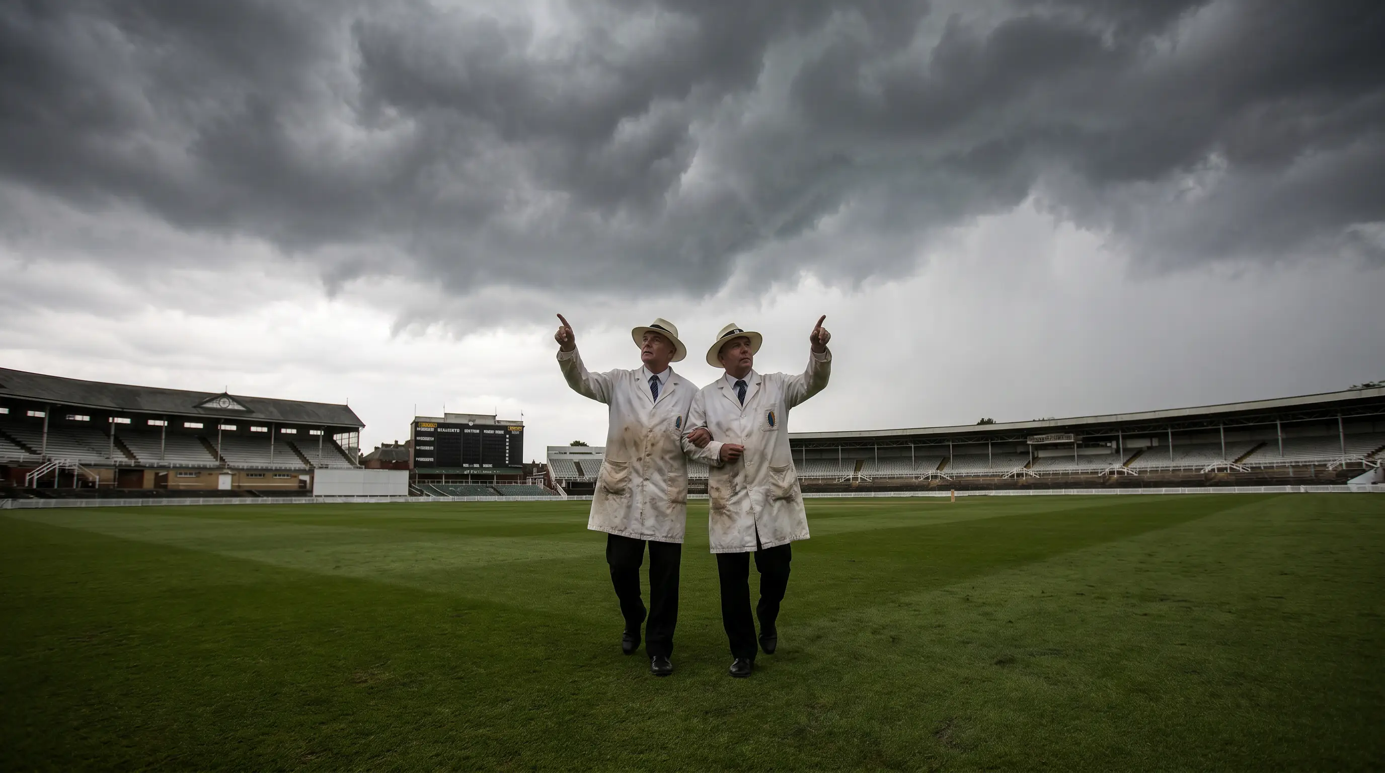 Storm clouds gather above a cricket ground as the umpires inspect the pitch