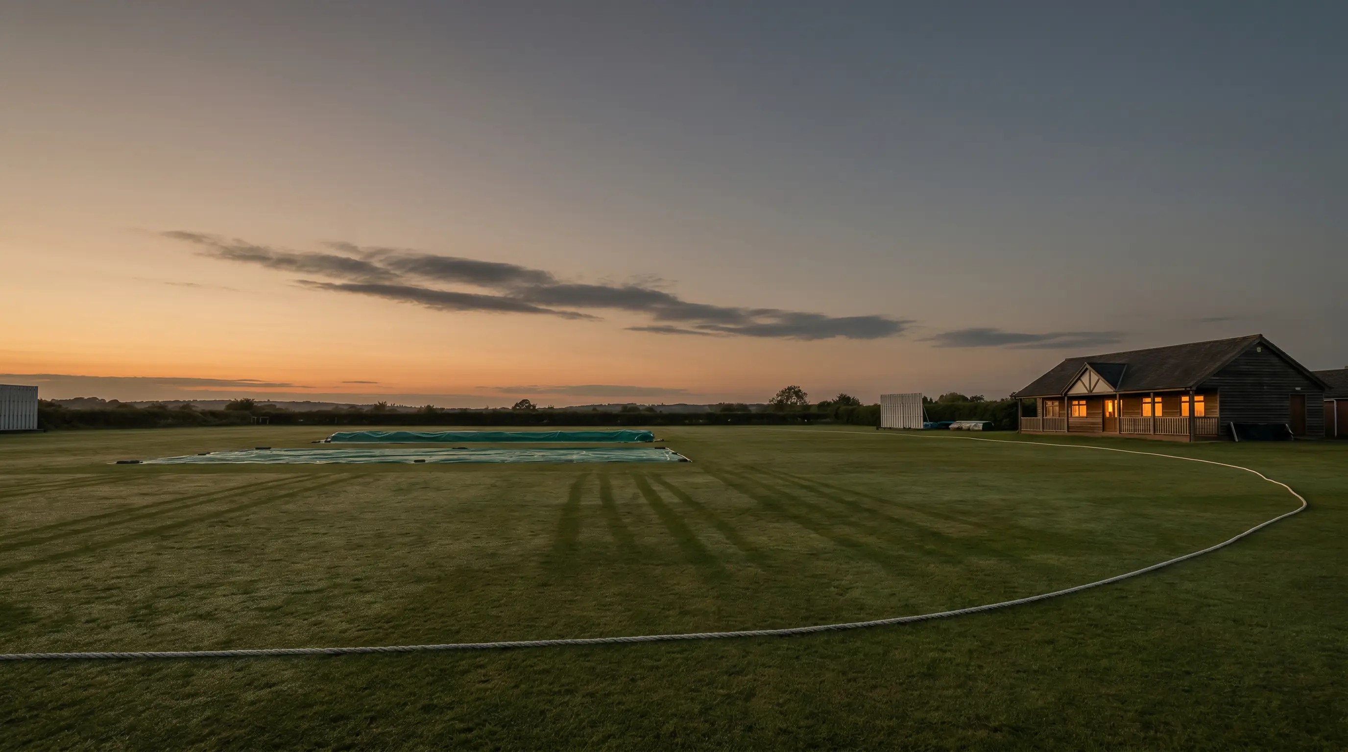 English cricket ground bathed in warm evening light with empty stands and a covered pitch