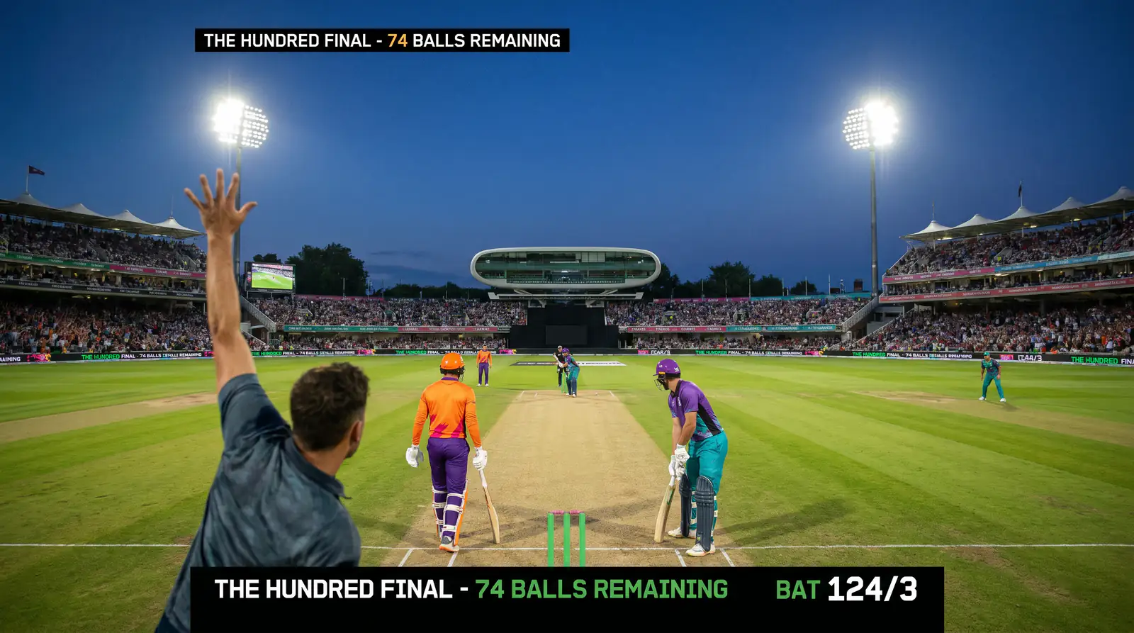 Television broadcast view of a Hundred cricket final with a packed stadium crowd visible behind the wicket