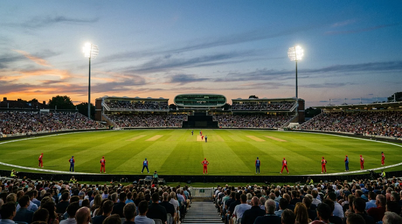 Hundred cricket match in progress at an English stadium during the evening session with a near-capacity crowd