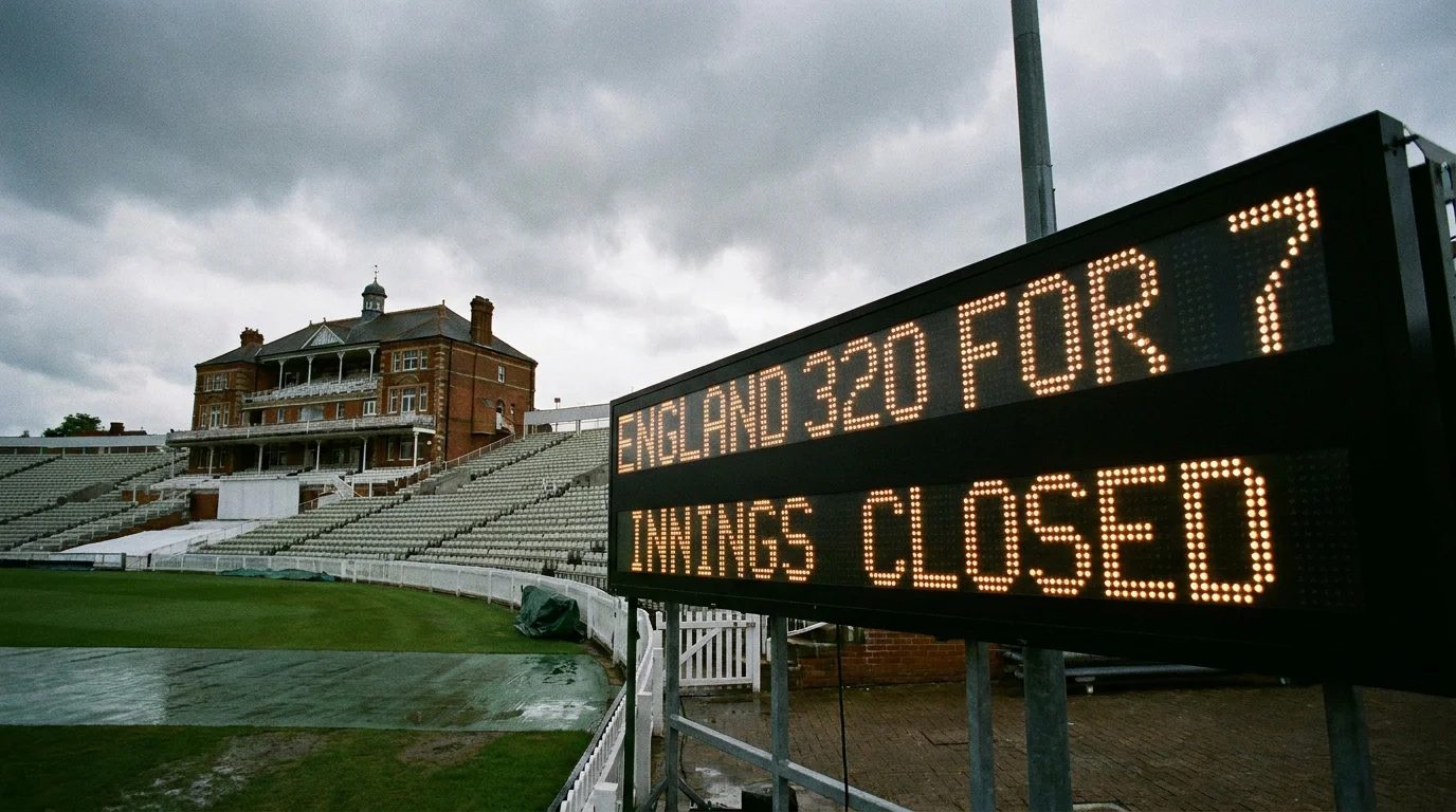 Stadium electronic scoreboard displaying total runs and wickets in a one-day international innings at an English cricket ground