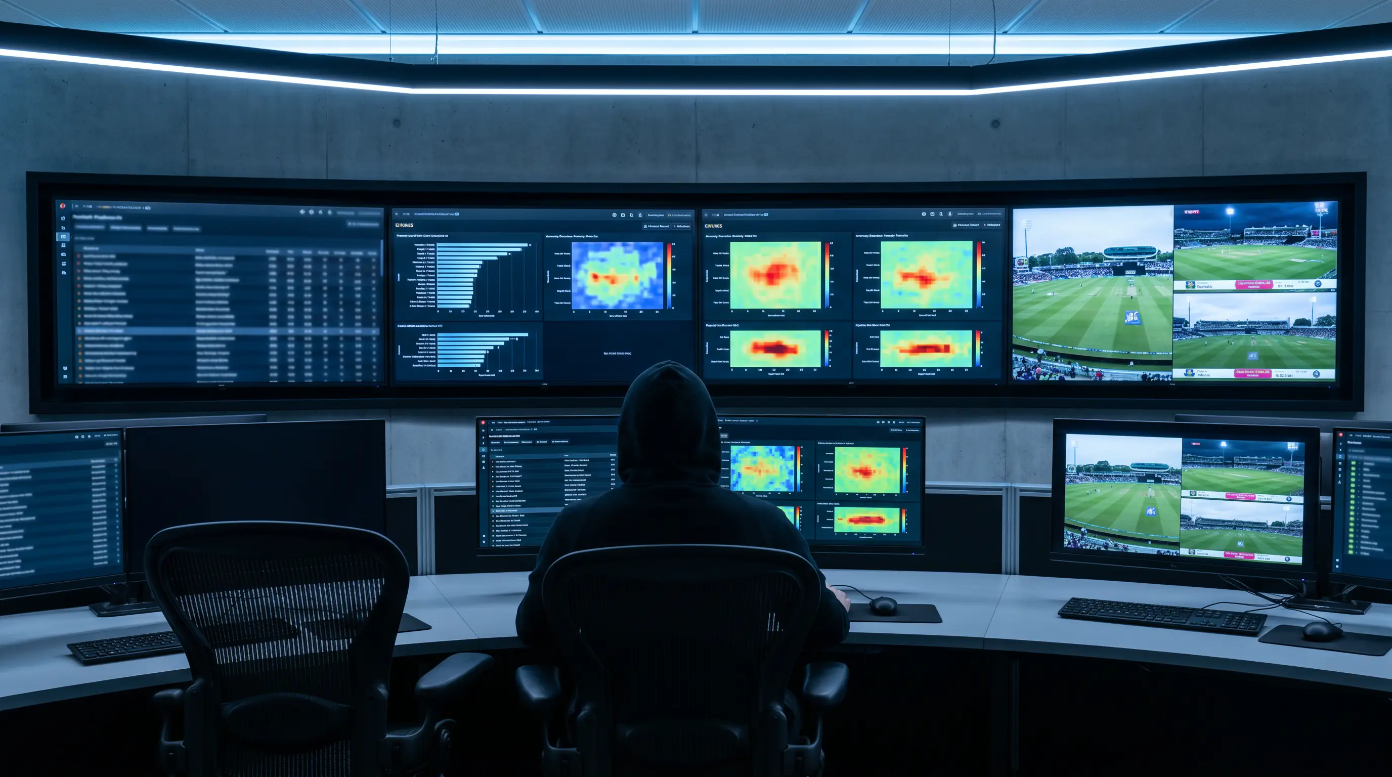 Integrity analyst reviewing cricket fixture monitoring dashboards across multiple screens in a sports betting operations room