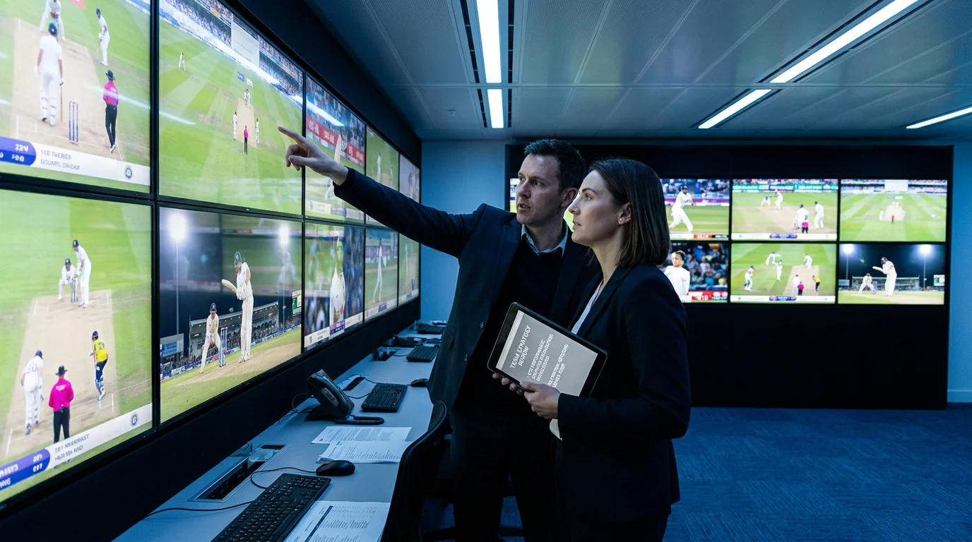 Cricket officials and analysts reviewing match footage in a monitoring room