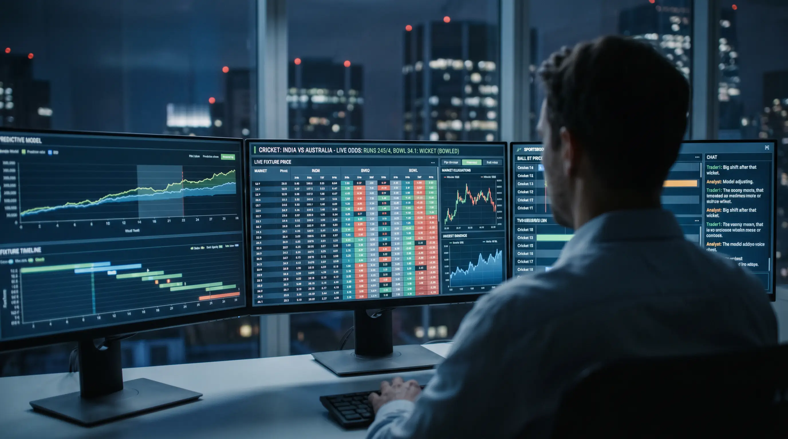 Live sportsbook trader's workstation displaying ball-by-ball cricket market updates across four monitors