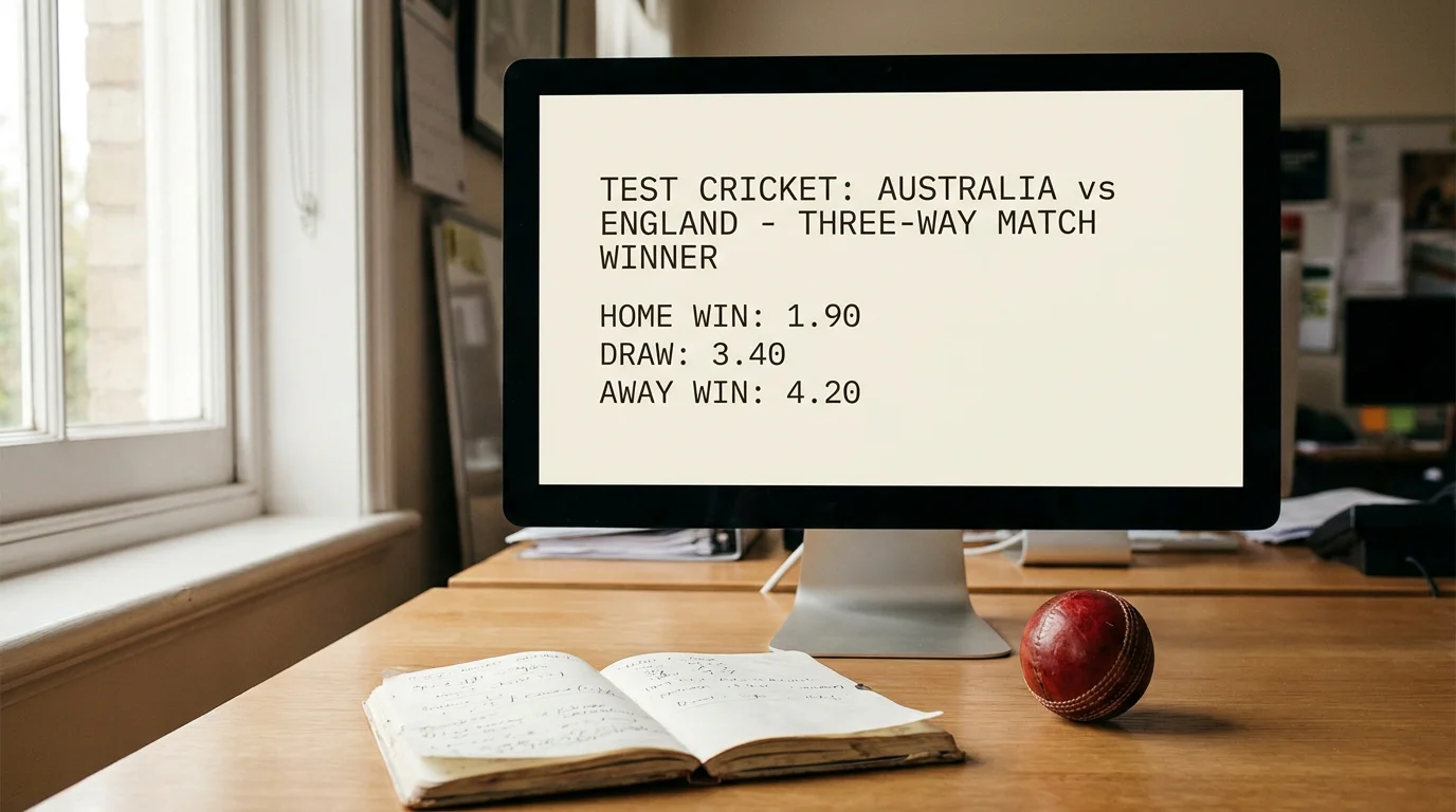Sportsbook display showing the three-way match winner market for a Test cricket fixture with prices for home, draw and away