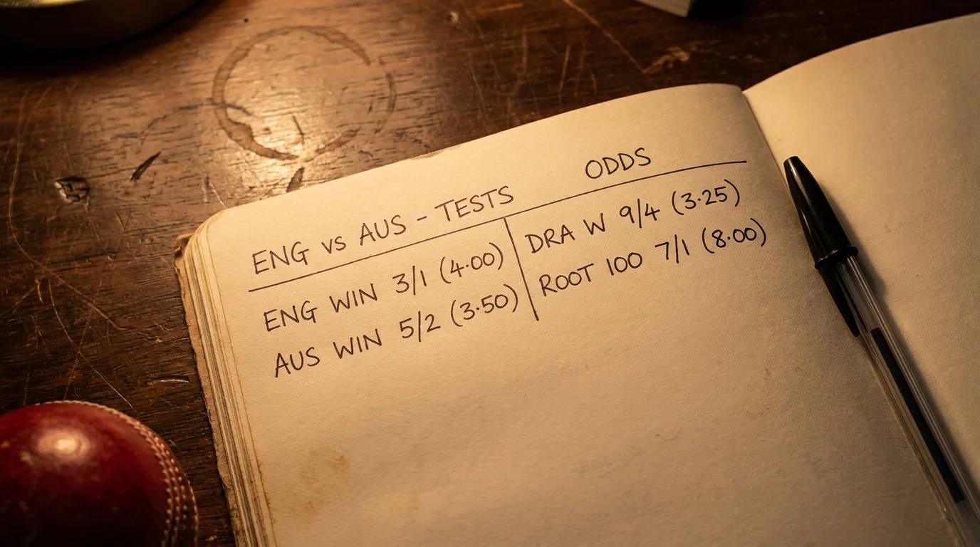 Open notebook page comparing the same cricket selection priced in fractional and decimal formats with a pen resting on the line