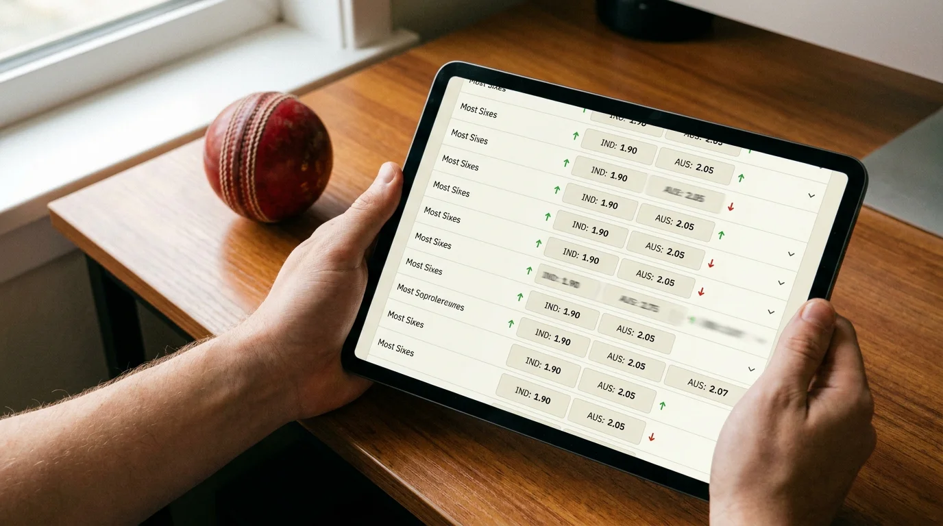 Tablet screen showing cricket match prices drifting across two consecutive refreshes with arrows on the steepest movers