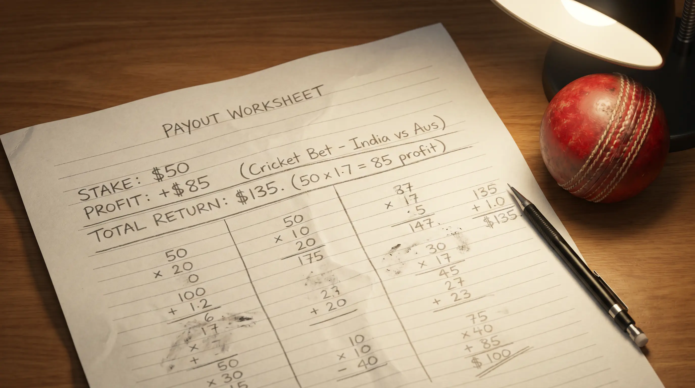 Handwritten payout worksheet on lined paper showing stake, profit and total return for a cricket bet