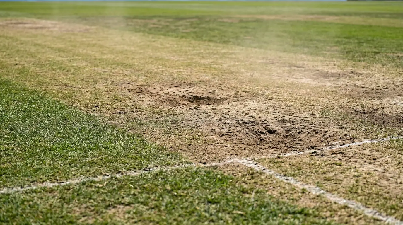 Close-up of a worn cricket pitch showing varied grass cover and footmarks