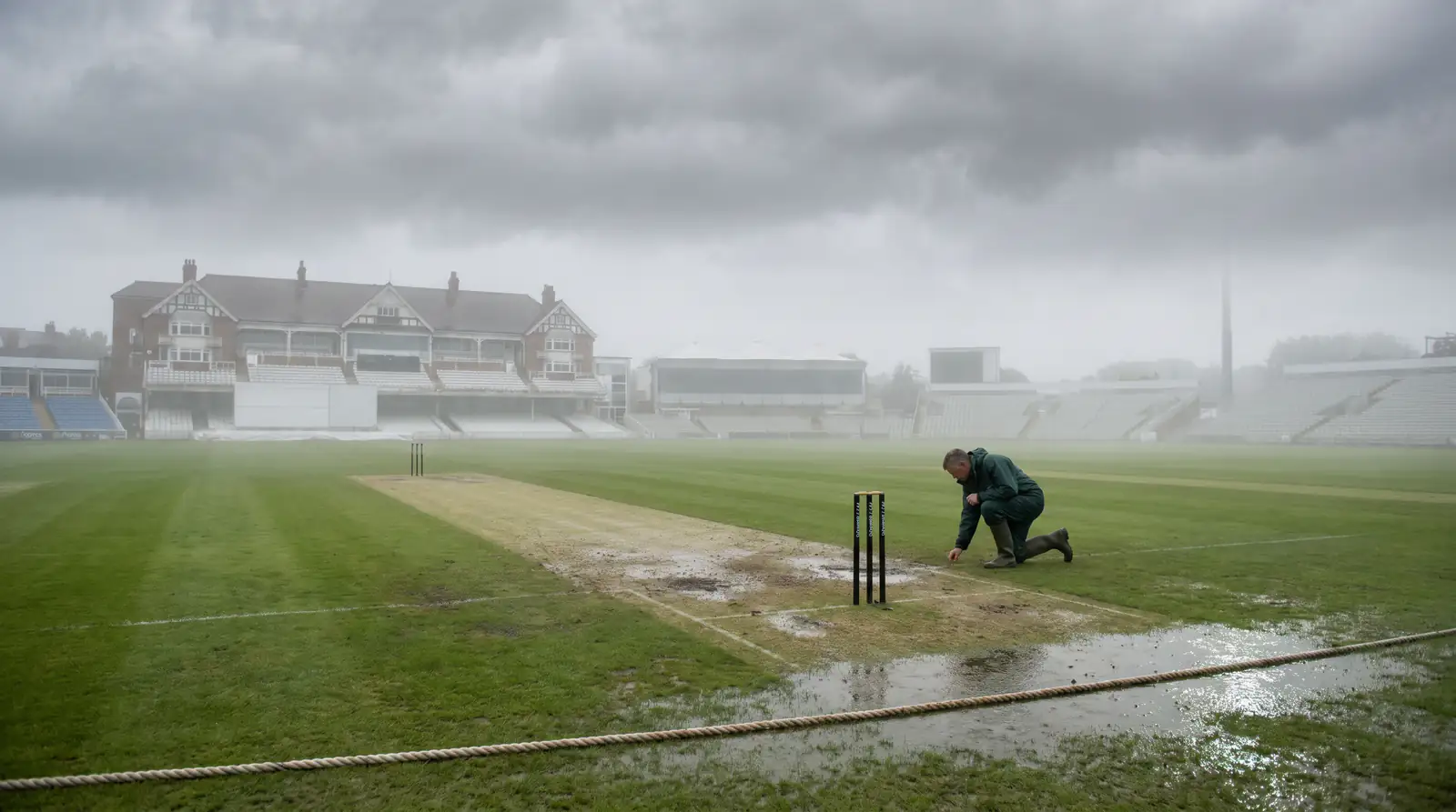 Overcast morning sky above an English cricket ground with a green-tinged pitch